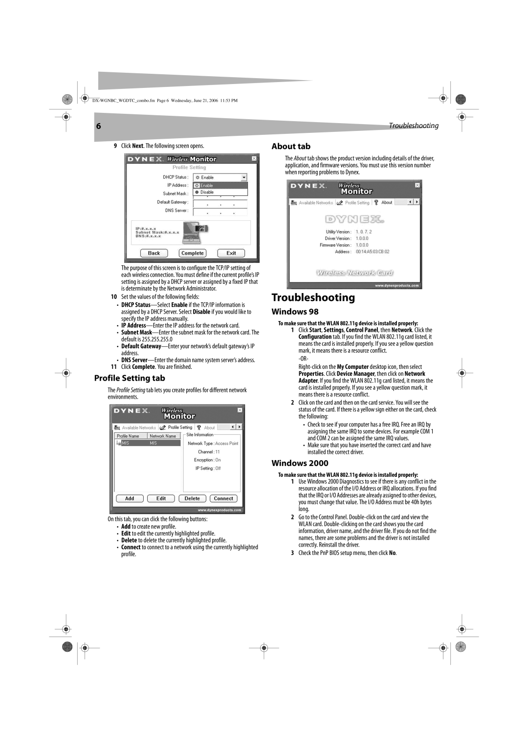 Dynex DX-WGNBC, DX-WGDTC manual Troubleshooting, Profile Setting tab, About tab, Windows 