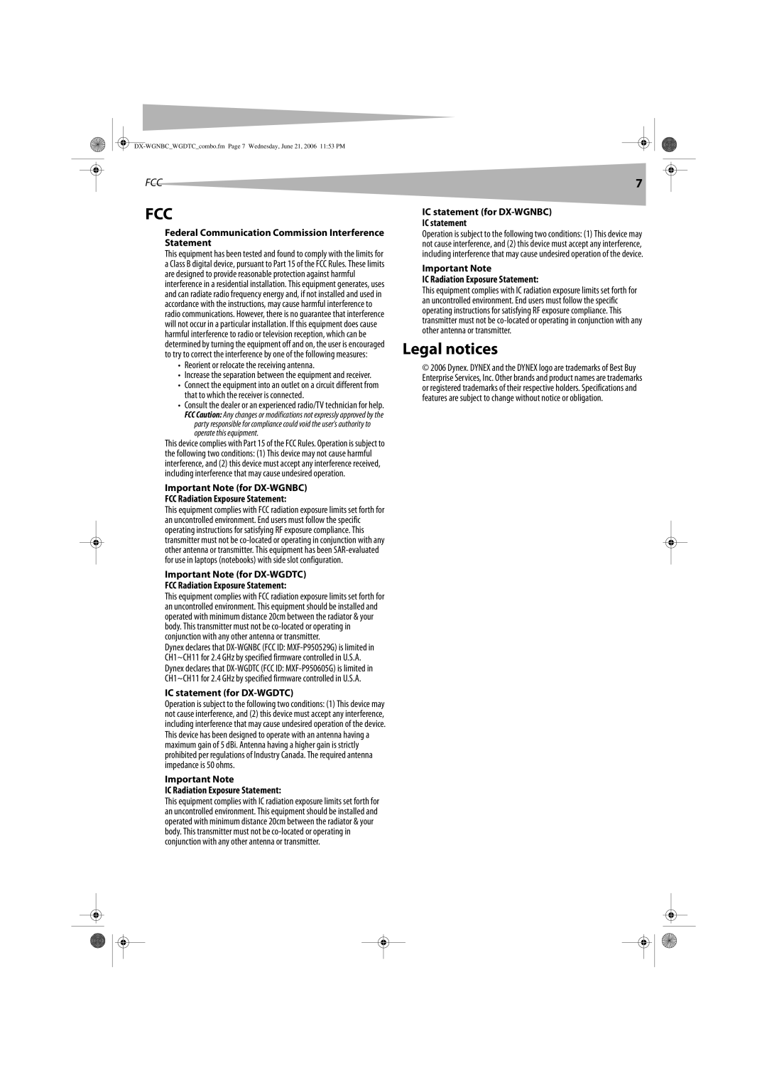 Dynex DX-WGNBC manual Legal notices, Federal Communication Commission Interference Statement, IC statement for DX-WGDTC 