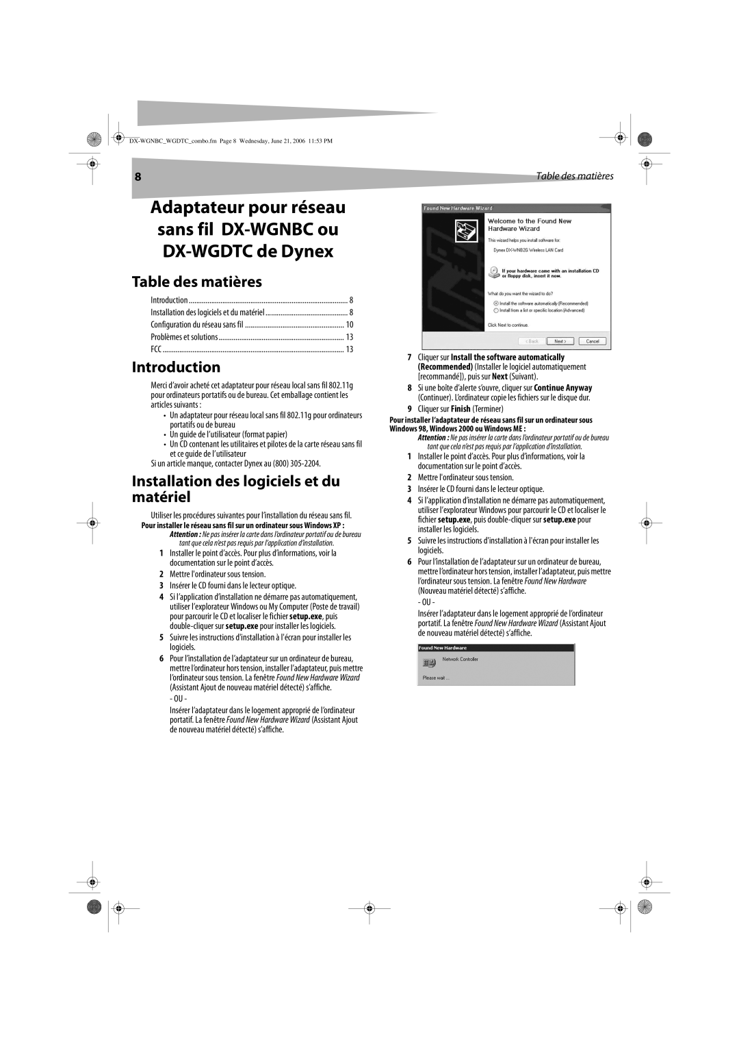 Dynex DX-WGNBC Table des matières, Installation des logiciels et du matériel, Un guide de l’utilisateur format papier 