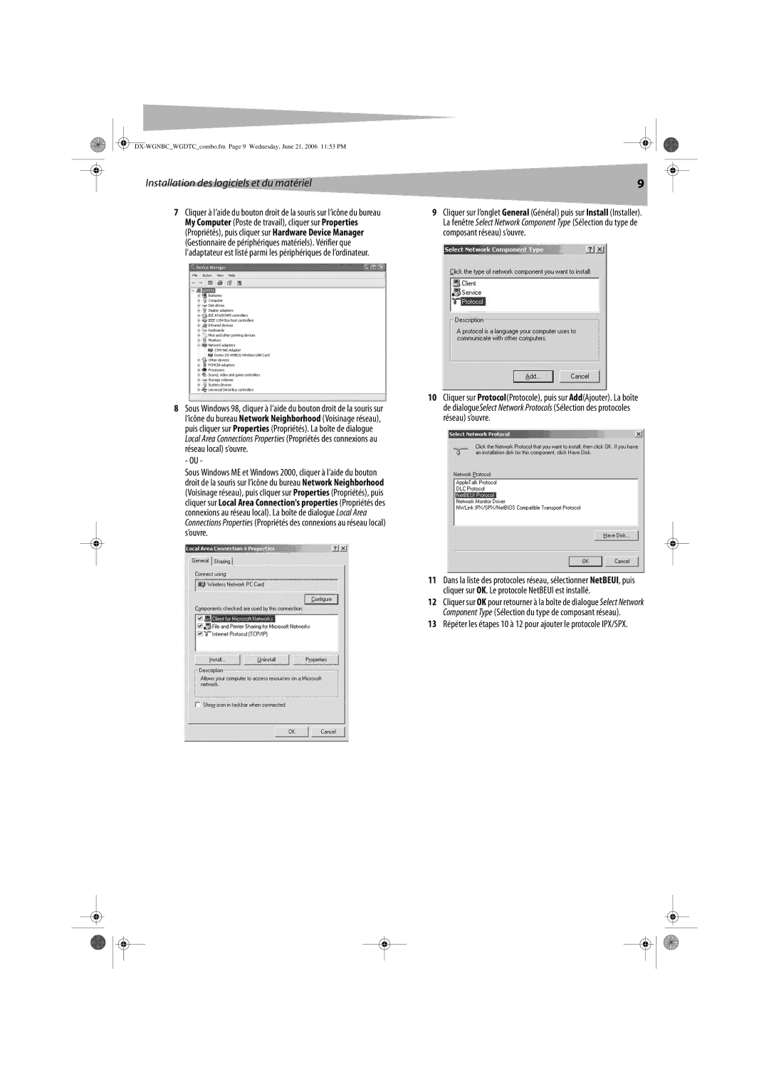 Dynex DX-WGDTC, DX-WGNBC manual Installation des logiciels et du matériel 