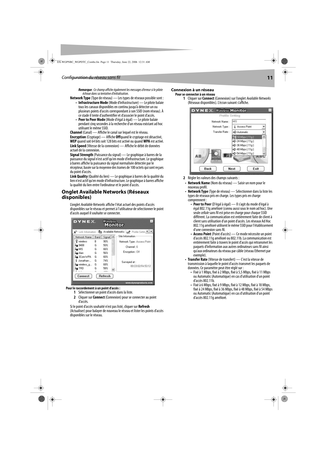 Dynex DX-WGPDTC, DX-WGPNBC Onglet Available Networks Réseaux disponibles, Utilisant le même Ssid, Connexion à un réseau 