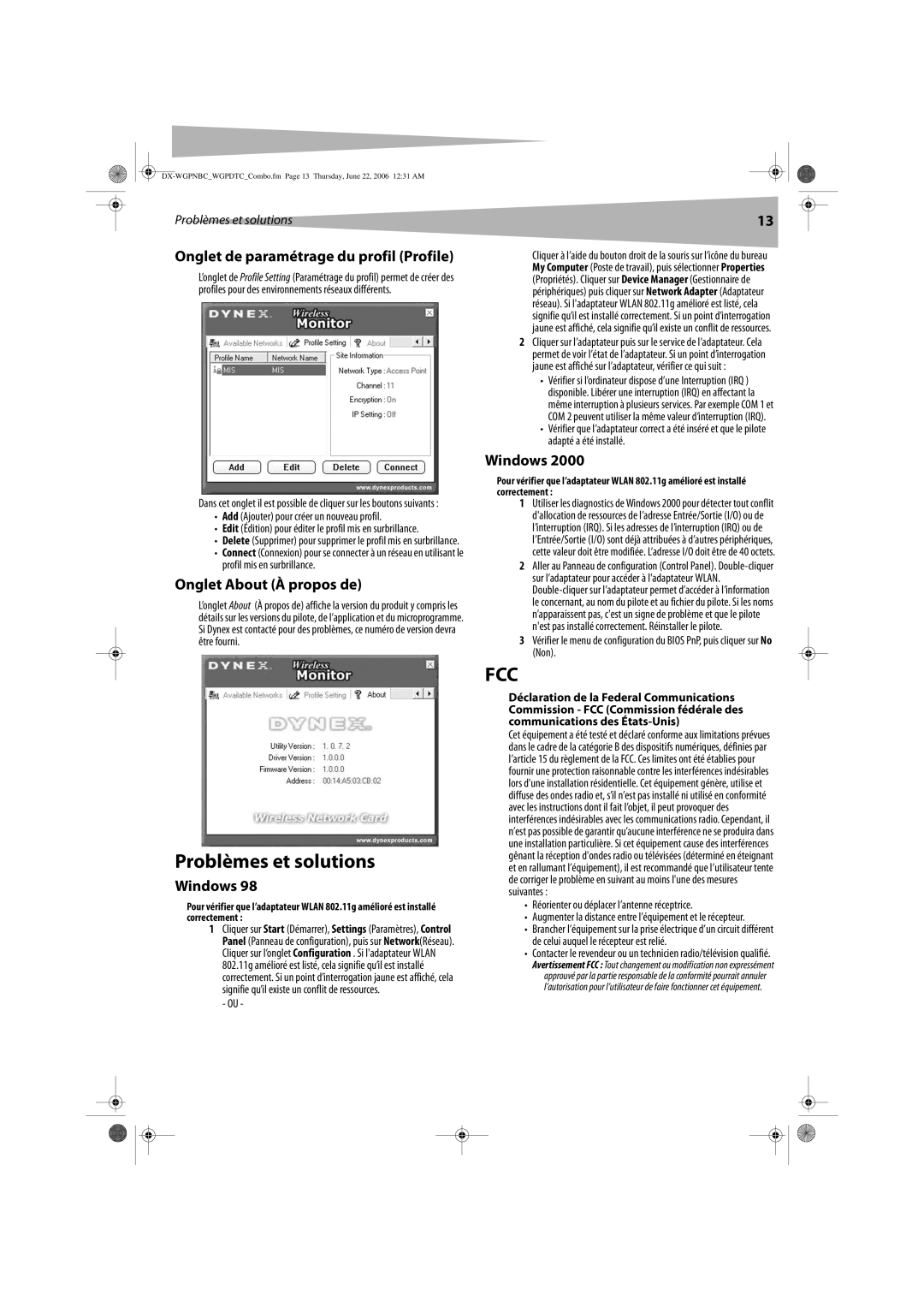 Dynex DX-WGPDTC, DX-WGPNBC manual Problèmes et solutions, Onglet de paramétrage du profil Profile, Onglet About À propos de 