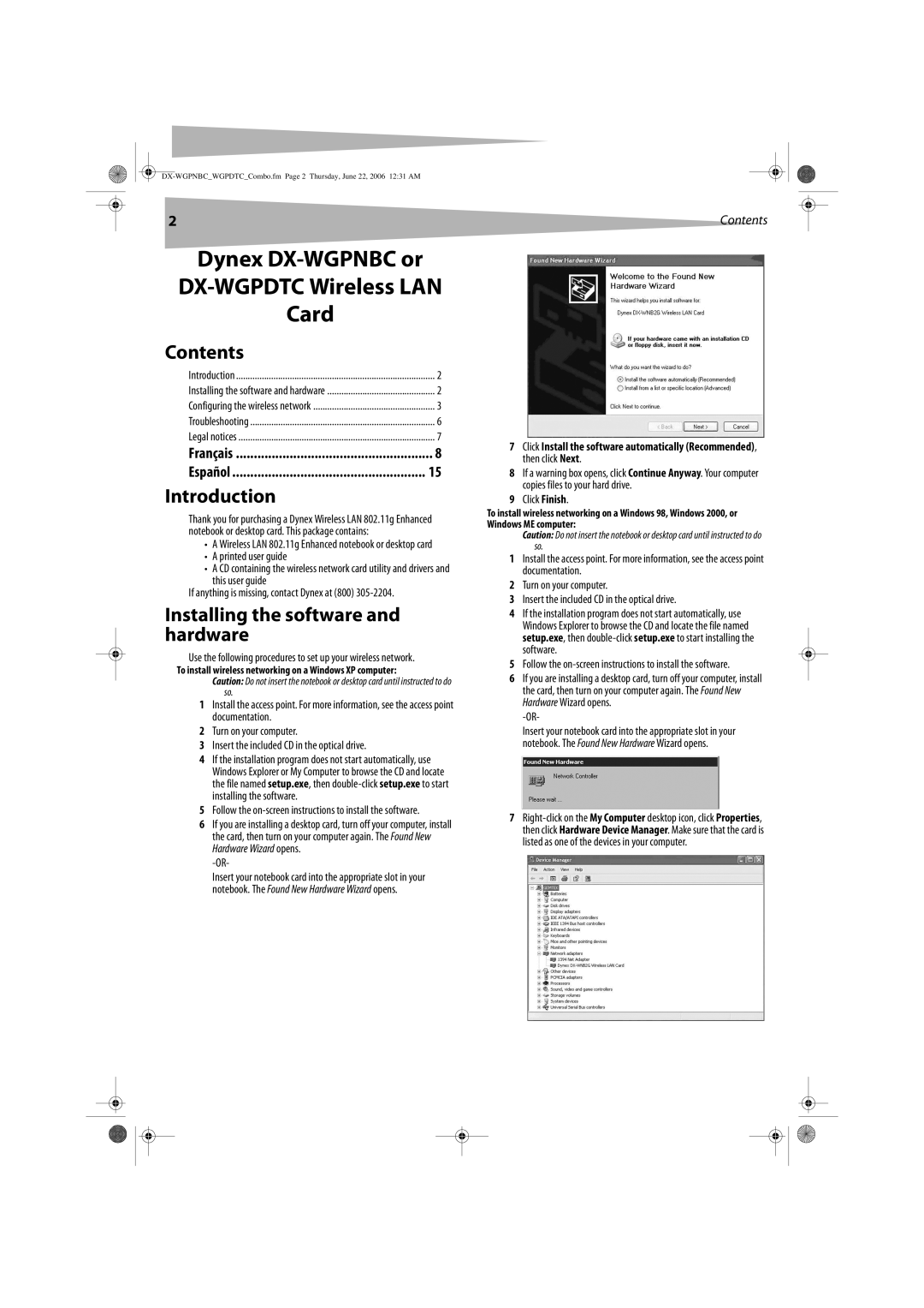 Dynex DX-WGPNBC, DX-WGPDTC manual Contents, Introduction, Installing the software and hardware 