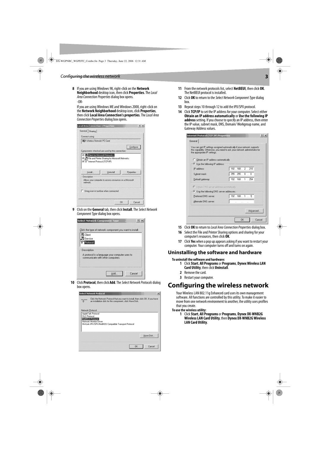 Dynex DX-WGPDTC, DX-WGPNBC manual Configuring the wireless network, Uninstalling the software and hardware 