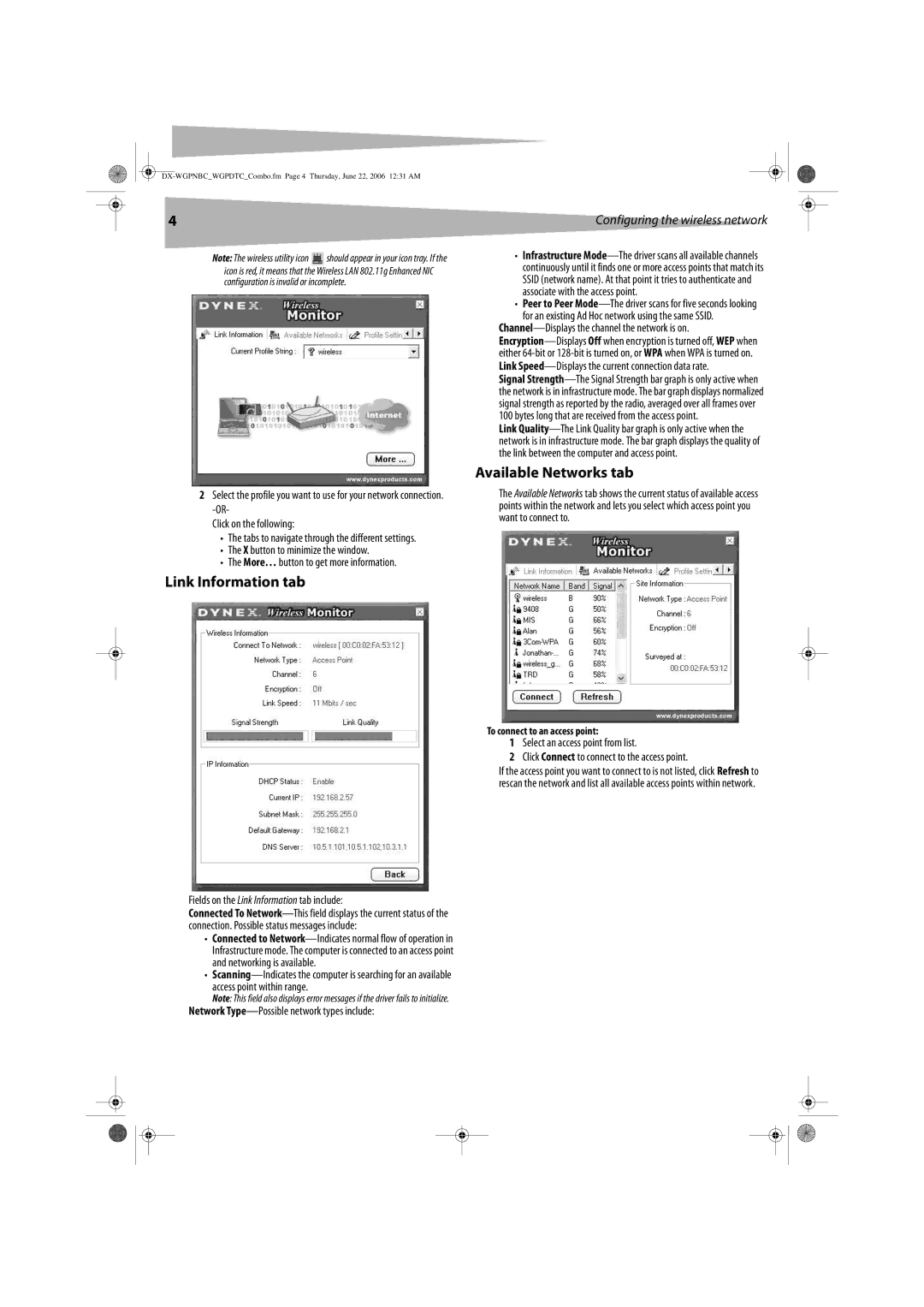 Dynex DX-WGPNBC, DX-WGPDTC Link Information tab, Available Networks tab, Channel-Displays the channel the network is on 