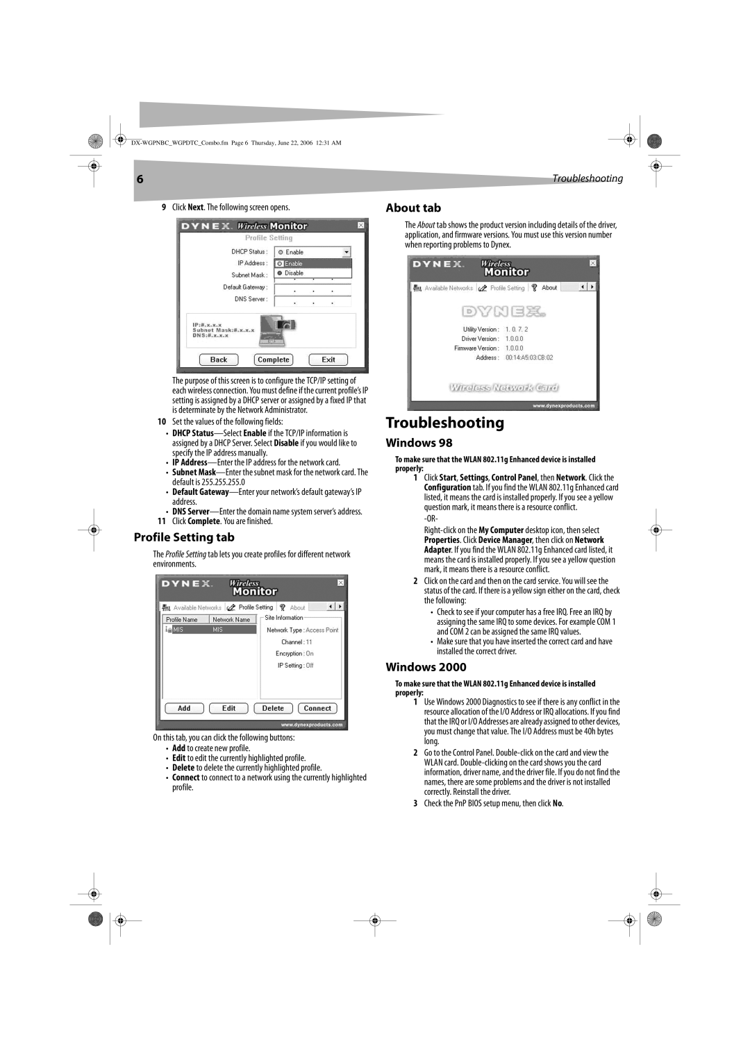 Dynex DX-WGPNBC, DX-WGPDTC manual Troubleshooting, Profile Setting tab, About tab, Windows 