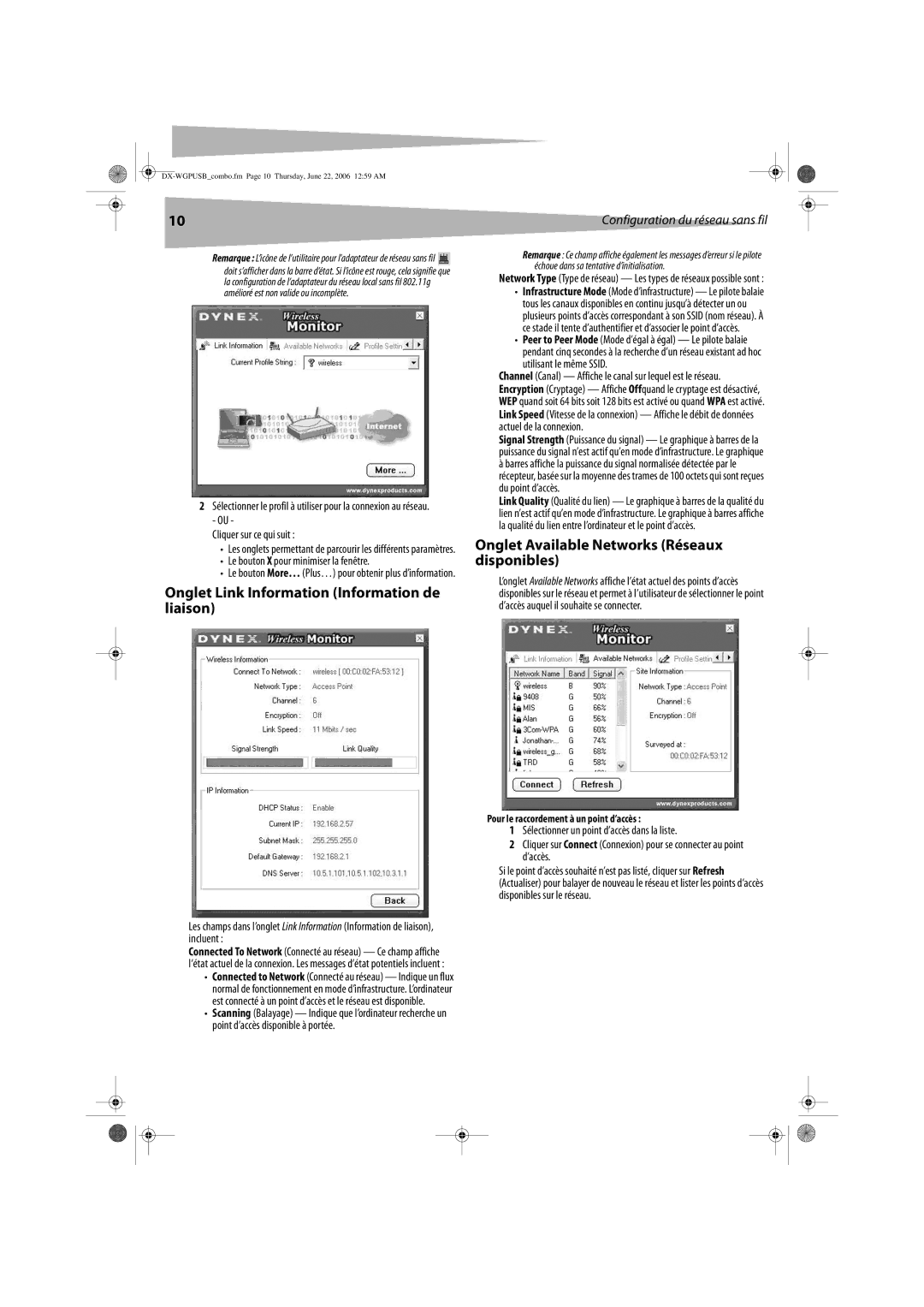 Dynex DX-WGPUSB manual Onglet Link Information Information de liaison, Onglet Available Networks Réseaux disponibles 