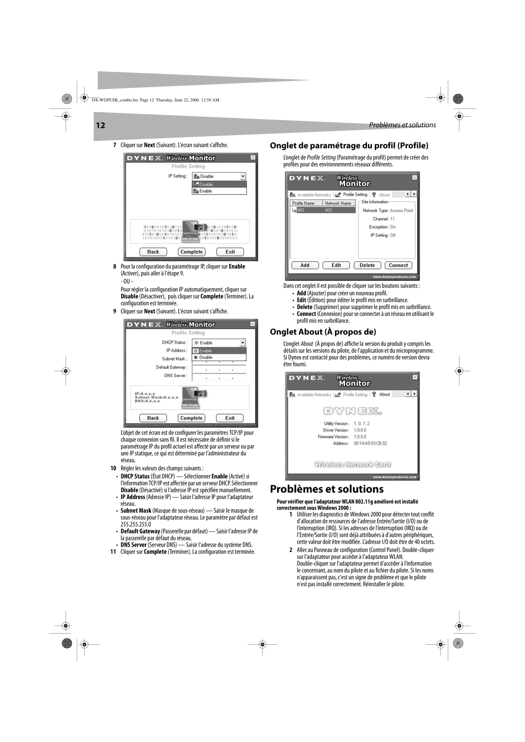 Dynex DX-WGPUSB manual Problèmes et solutions, Onglet de paramétrage du profil Profile, Onglet About À propos de 