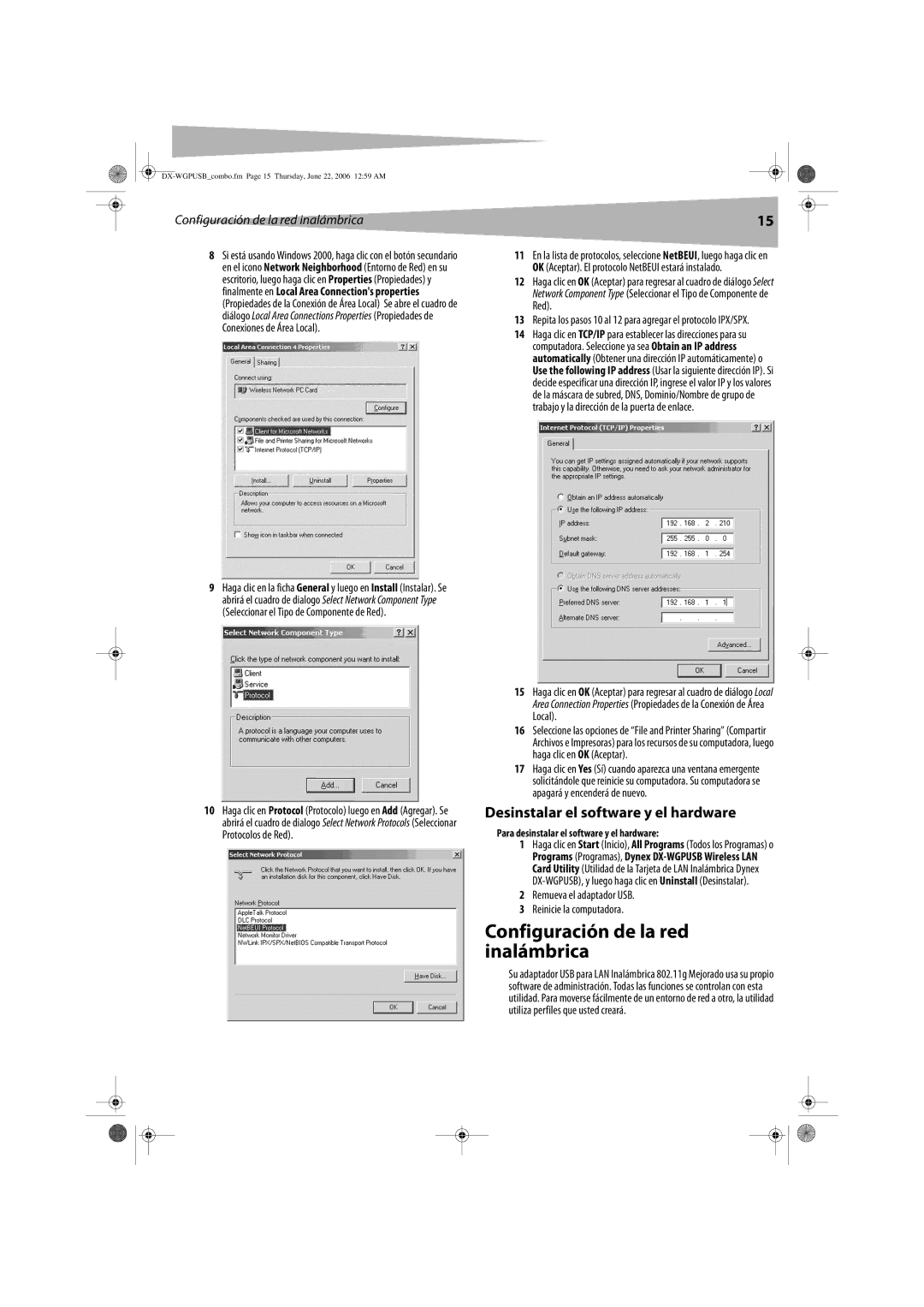 Dynex DX-WGPUSB manual Configuración de la red inalámbrica, Desinstalar el software y el hardware 