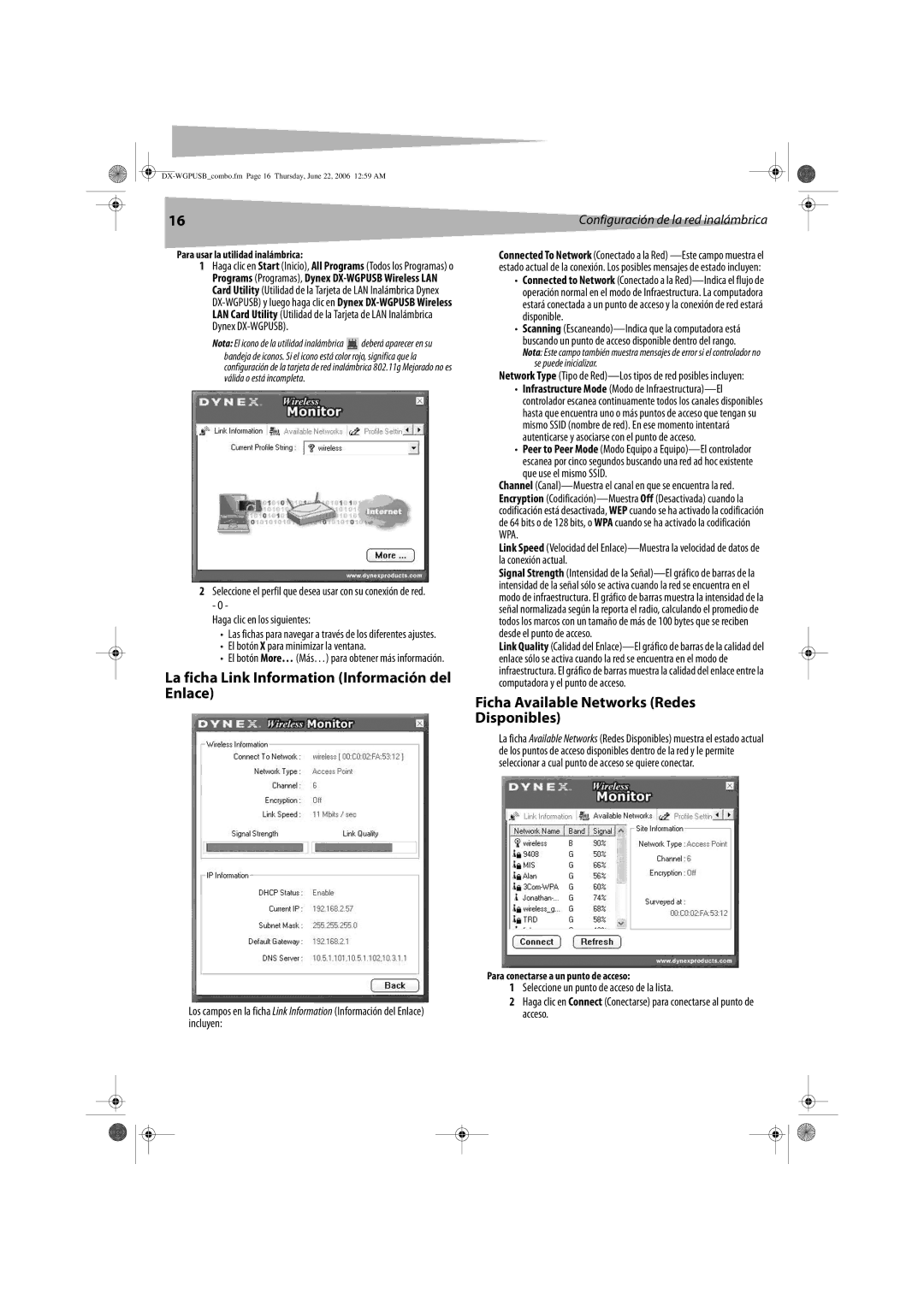 Dynex DX-WGPUSB manual La ficha Link Information Información del Enlace, Ficha Available Networks Redes Disponibles 