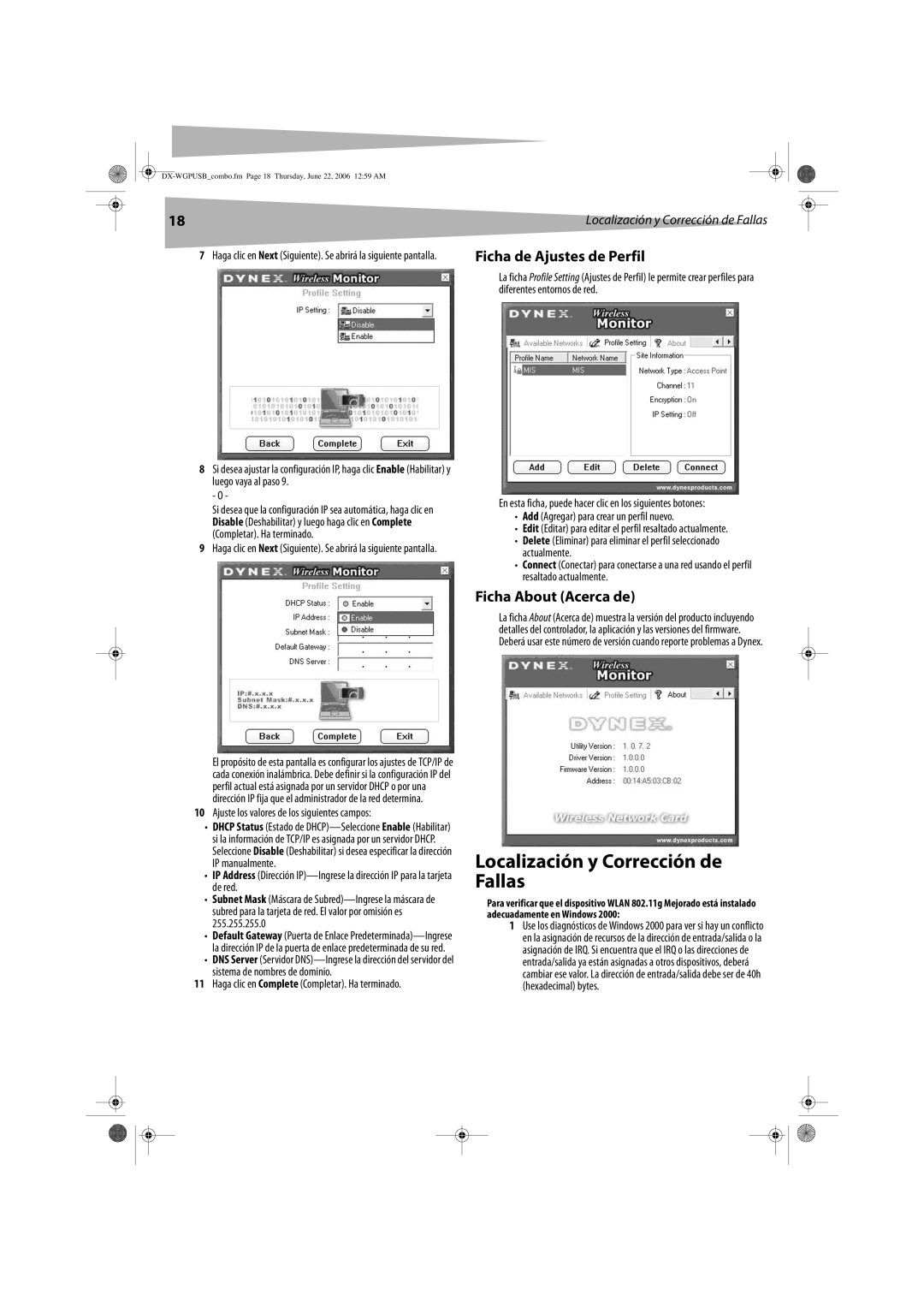 Dynex DX-WGPUSB manual Localización y Corrección de Fallas, Ficha de Ajustes de Perfil, Ficha About Acerca de 