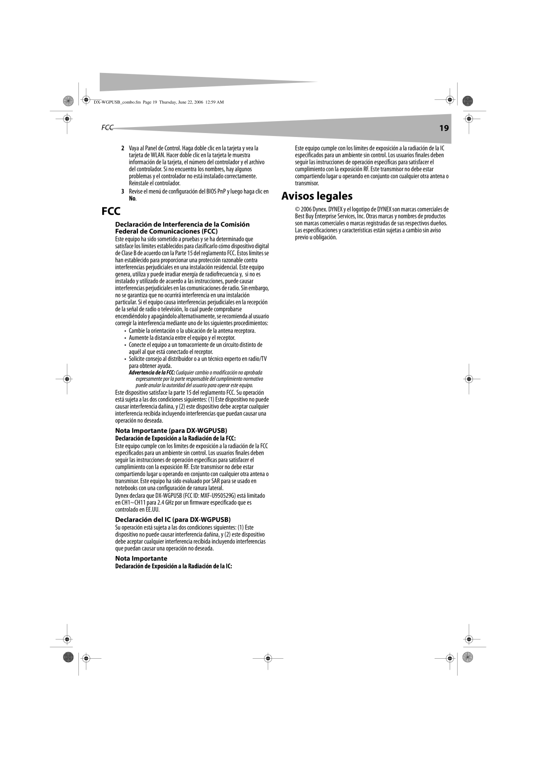 Dynex manual Avisos legales, Nota Importante para DX-WGPUSB, Declaración del IC para DX-WGPUSB 