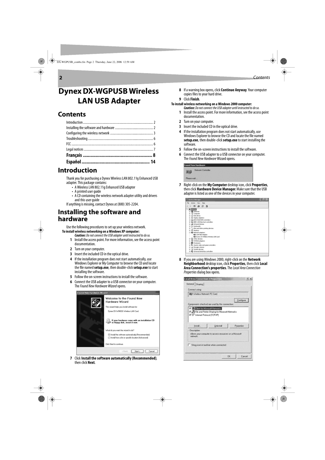 Dynex DX-WGPUSB manual Contents, Introduction, Installing the software and hardware 