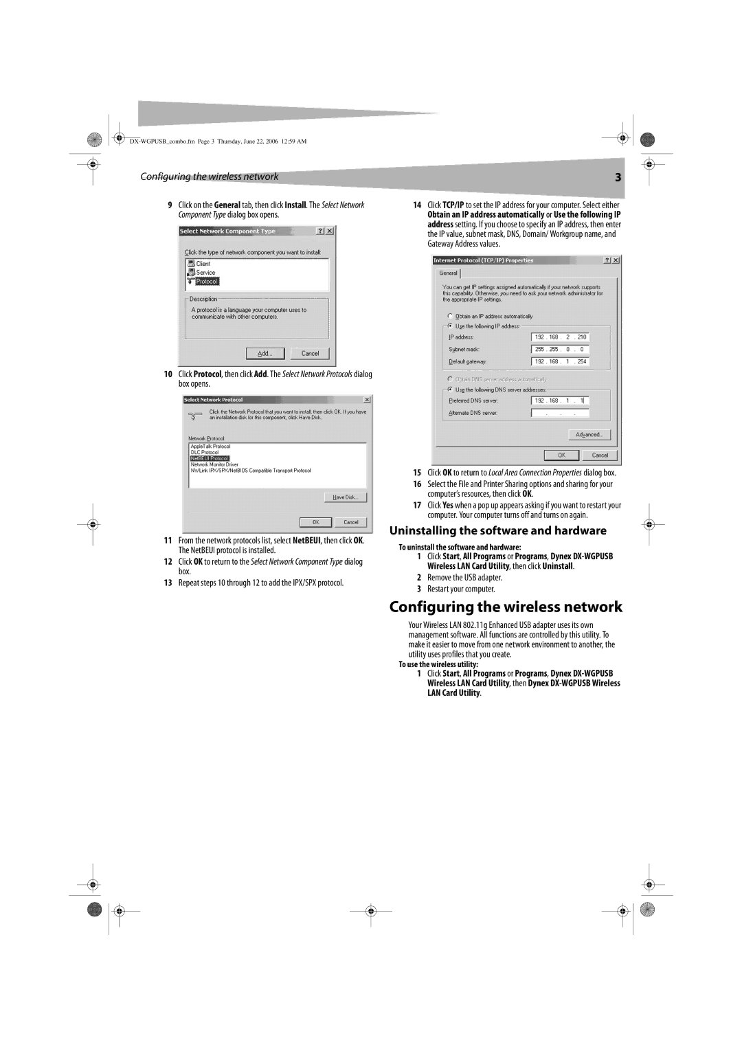 Dynex DX-WGPUSB manual Configuring the wireless network, Uninstalling the software and hardware 