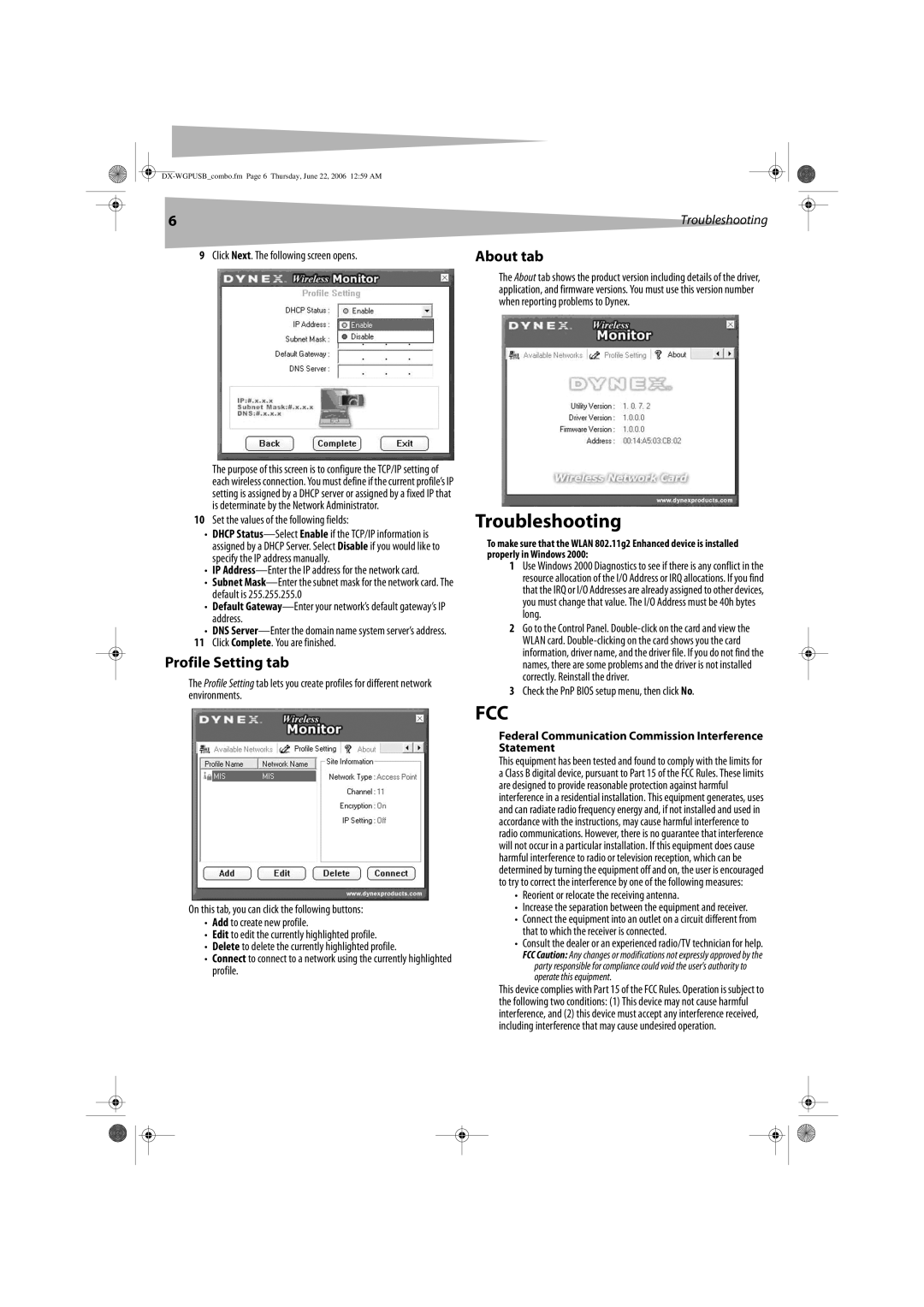 Dynex DX-WGPUSB Troubleshooting, Profile Setting tab, About tab, Federal Communication Commission Interference Statement 