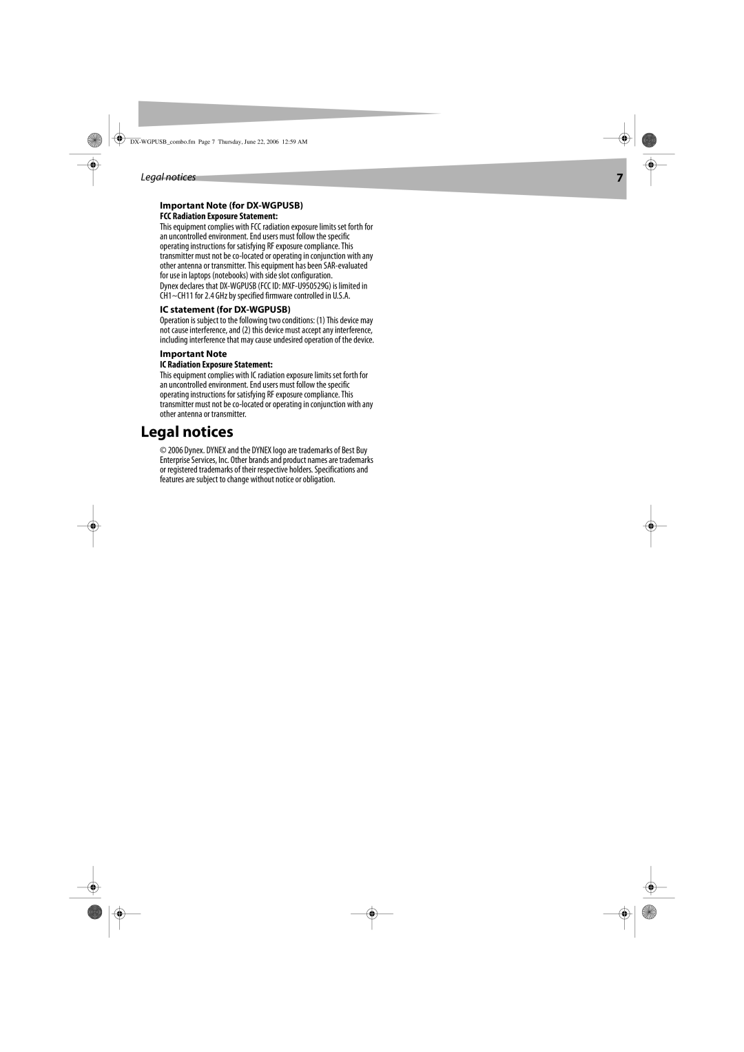 Dynex manual Legal notices, IC statement for DX-WGPUSB, Important Note IC Radiation Exposure Statement 