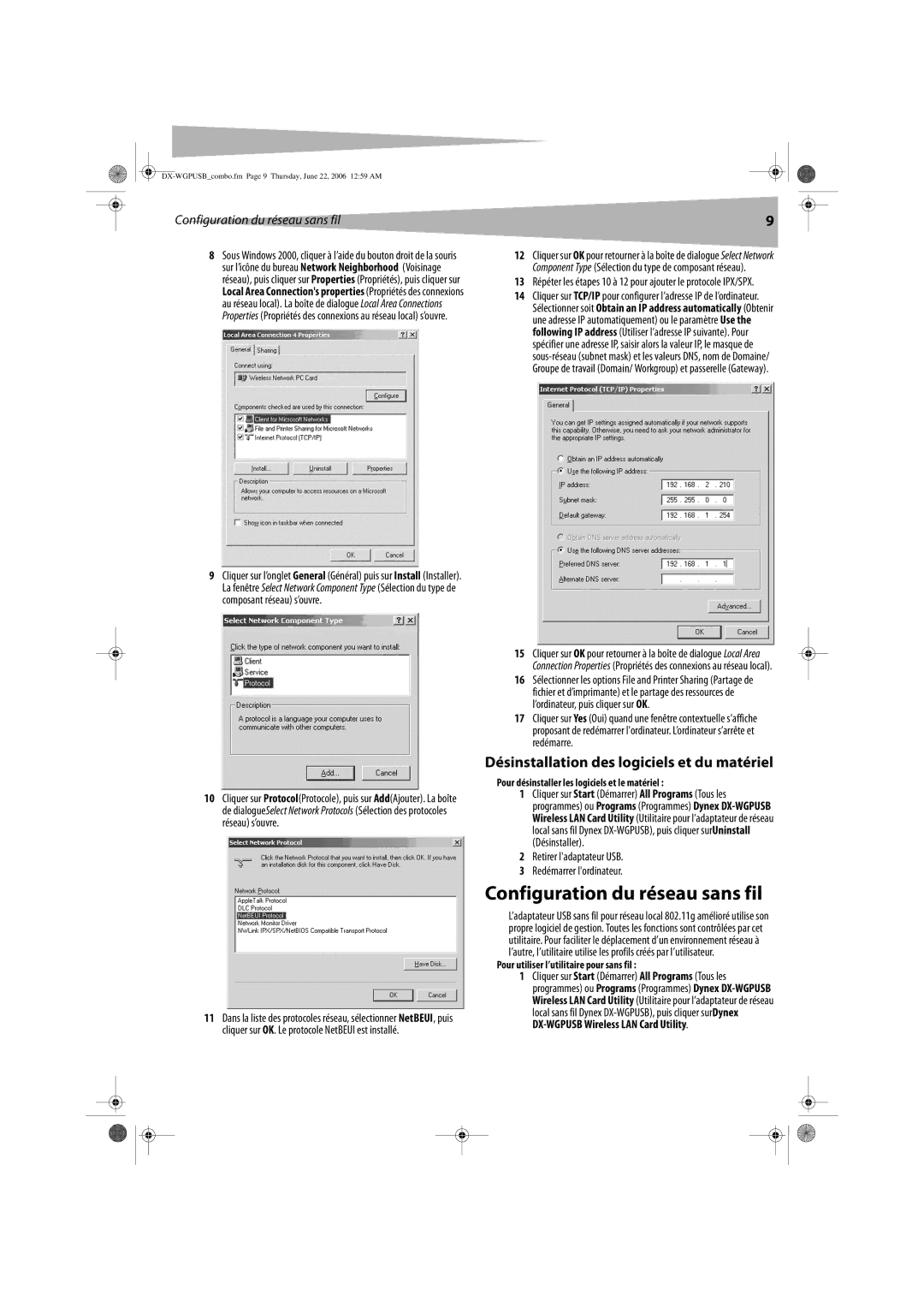 Dynex DX-WGPUSB manual Configuration du réseau sans fil, Désinstallation des logiciels et du matériel 