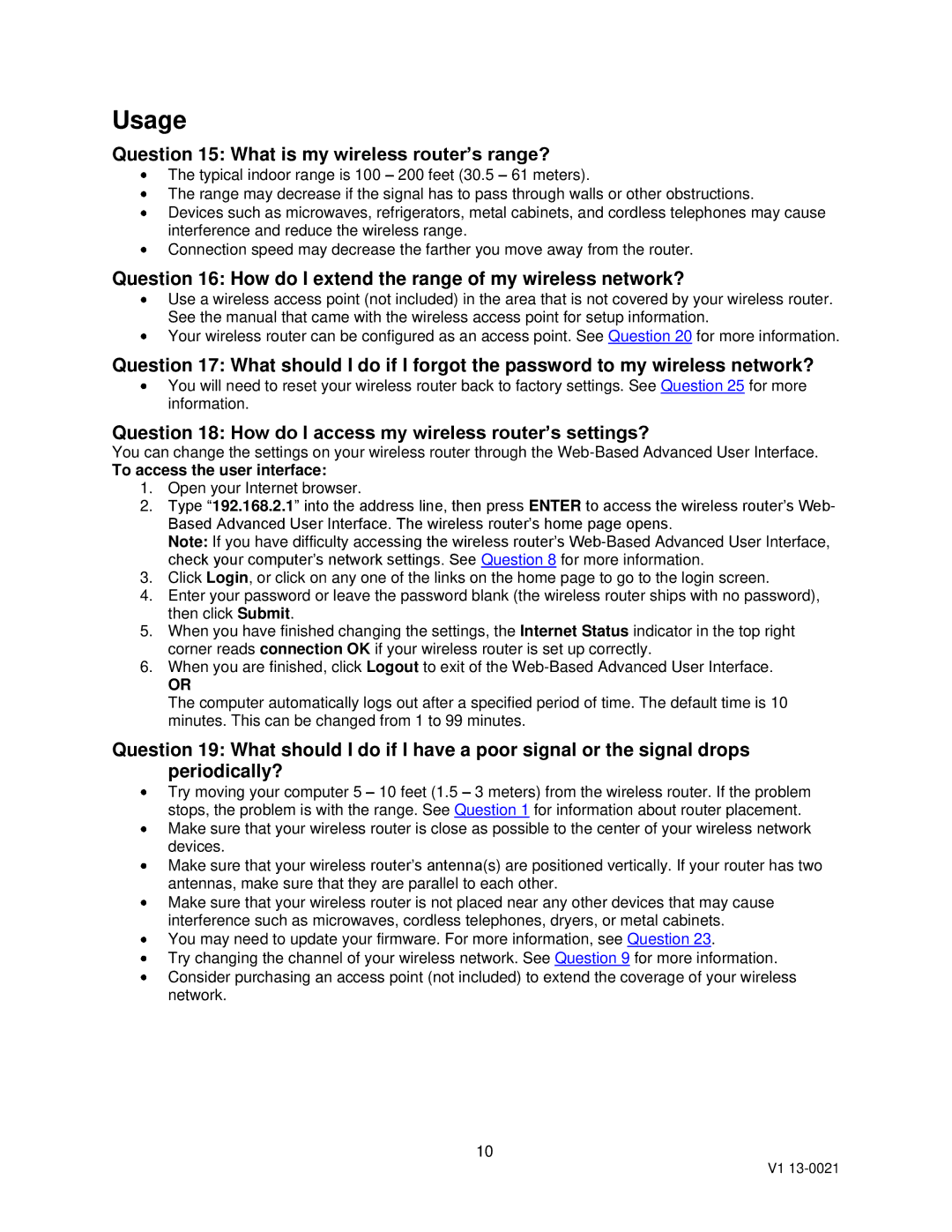 Dynex DX-WGRTR, DX-WEGRTR warranty Usage, Question 15 What is my wireless router’s range?, To access the user interface 