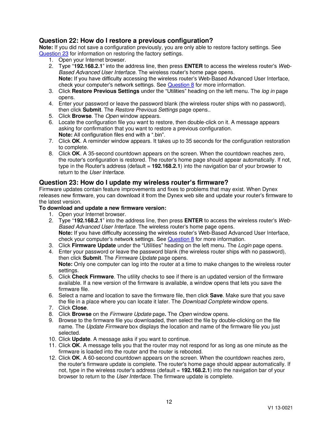 Dynex DX-WGRTR Question 22 How do I restore a previous configuration?, To download and update a new firmware version 