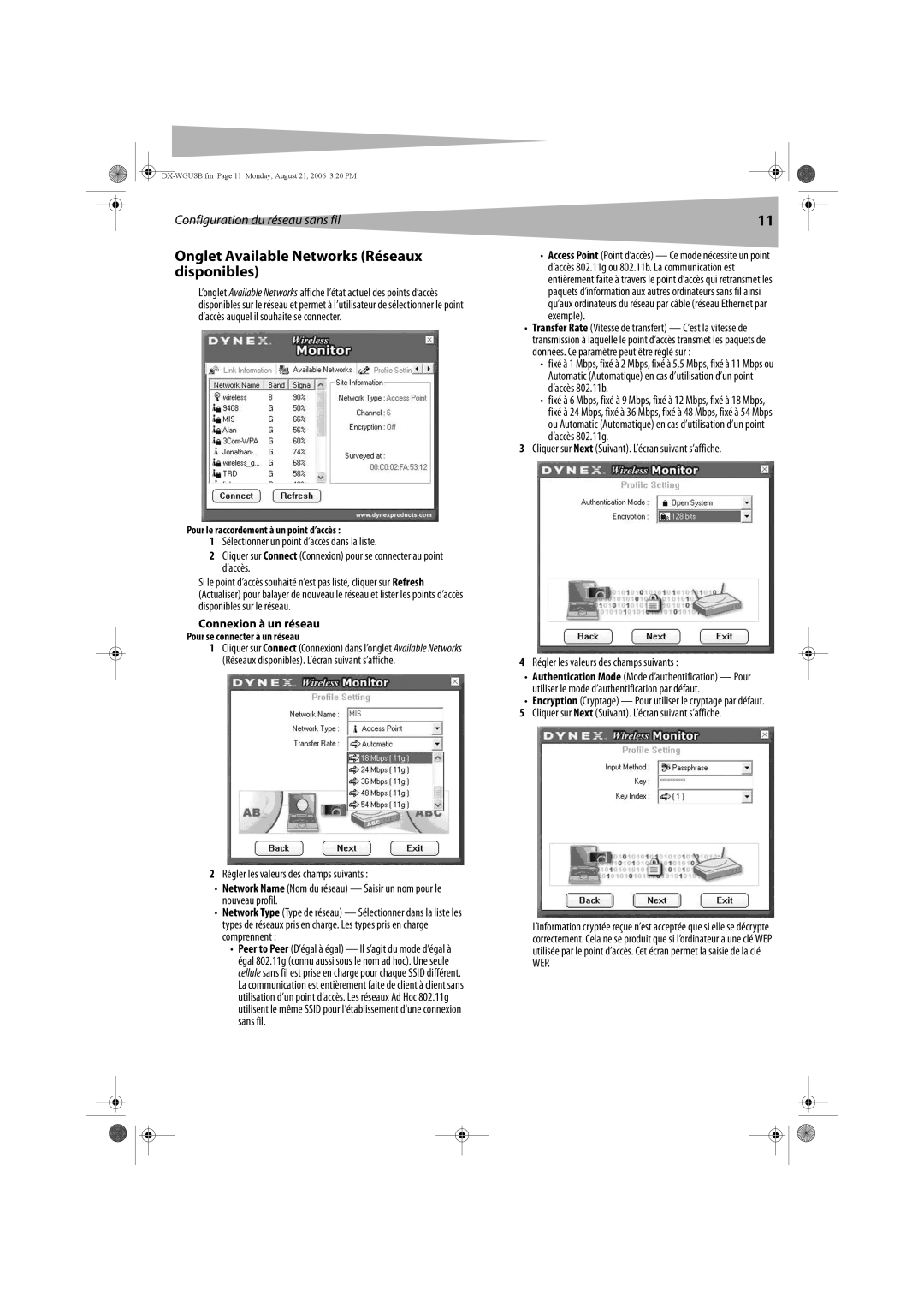 Dynex DX-WGUSB manual Onglet Available Networks Réseaux disponibles, Connexion à un réseau, Pour se connecter à un réseau 