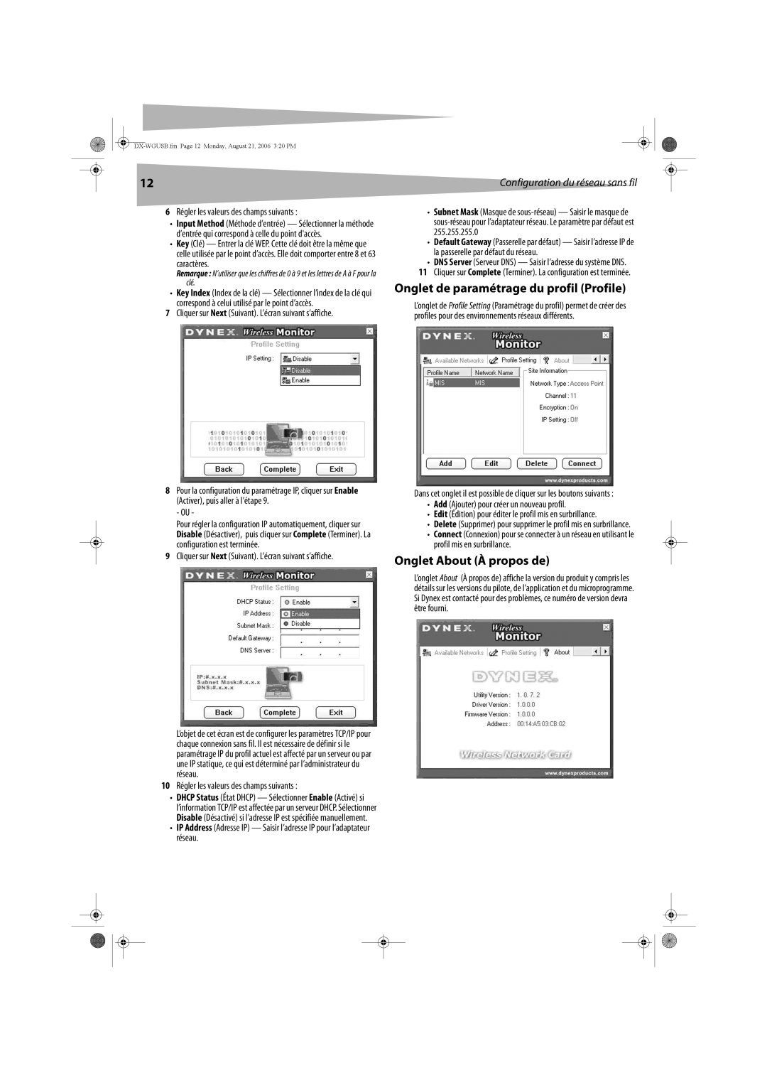 Dynex DX-WGUSB manual Onglet de paramétrage du profil Profile, Onglet About À propos de 