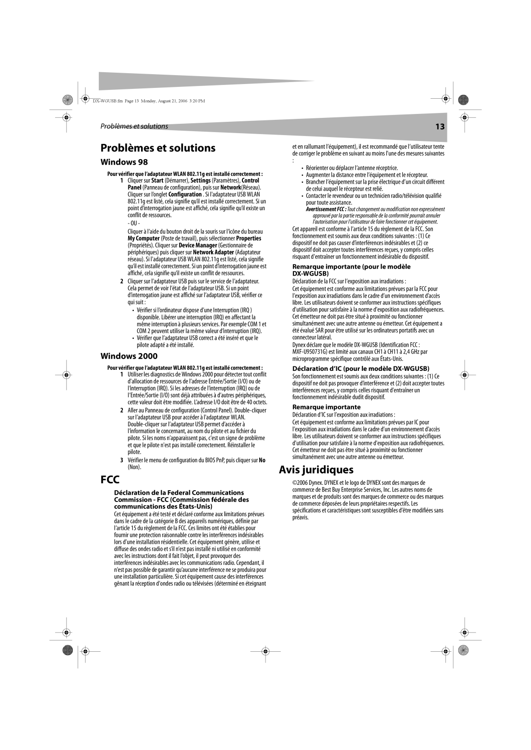 Dynex DX-WGUSB manual Problèmes et solutions, Avis juridiques, Remarque importante pour le modèle 