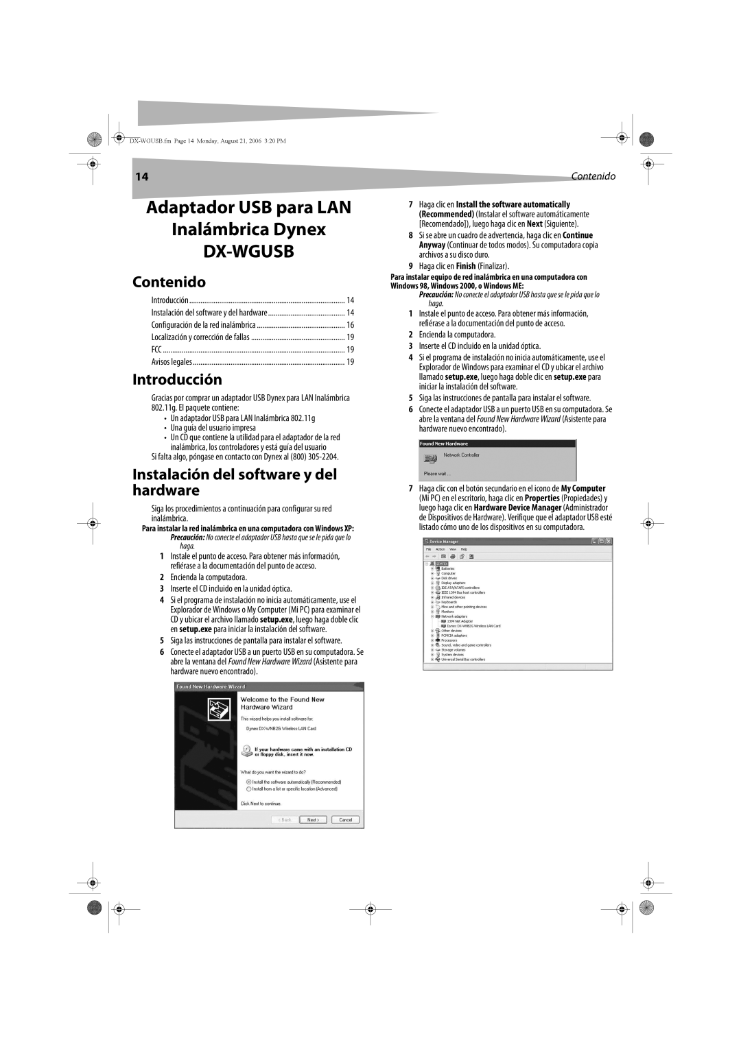 Dynex DX-WGUSB manual Contenido, Introducción, Instalación del software y del hardware, Haga clic en Finish Finalizar 