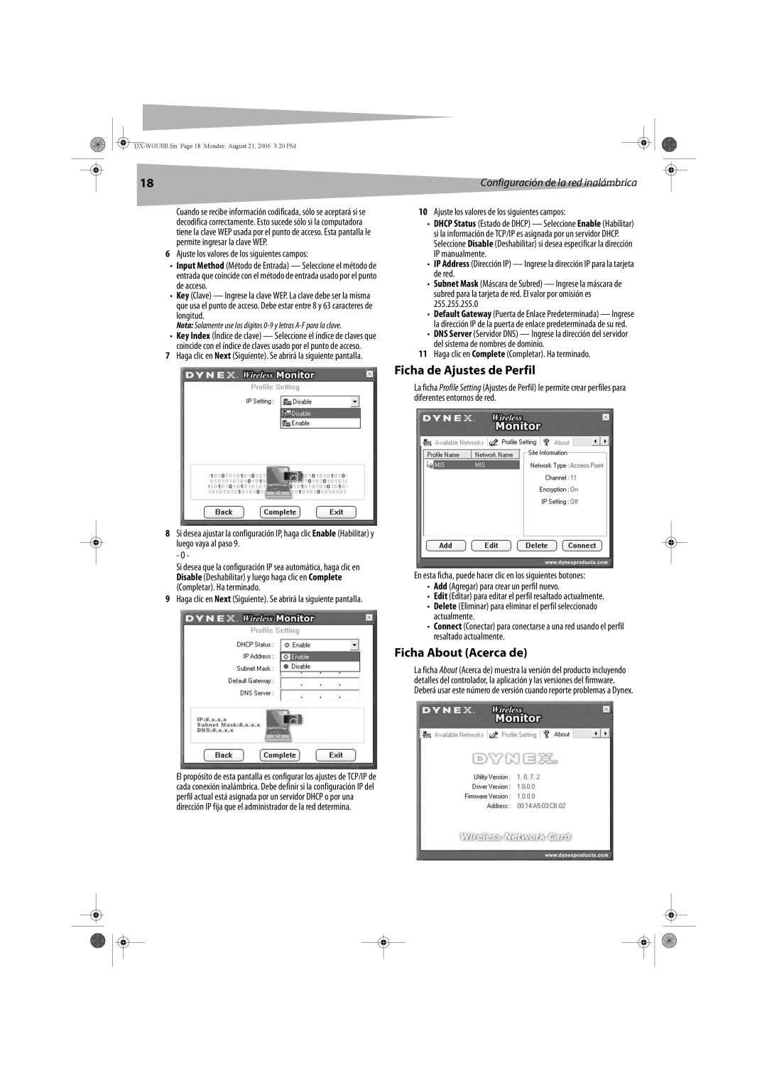 Dynex DX-WGUSB manual Ficha de Ajustes de Perfil, Ficha About Acerca de, Haga clic en Complete Completar. Ha terminado 