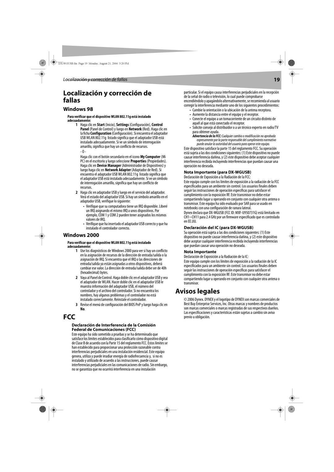 Dynex manual Localización y corrección de fallas, Avisos legales, Declaración del IC para DX-WGUSB, Nota Importante 