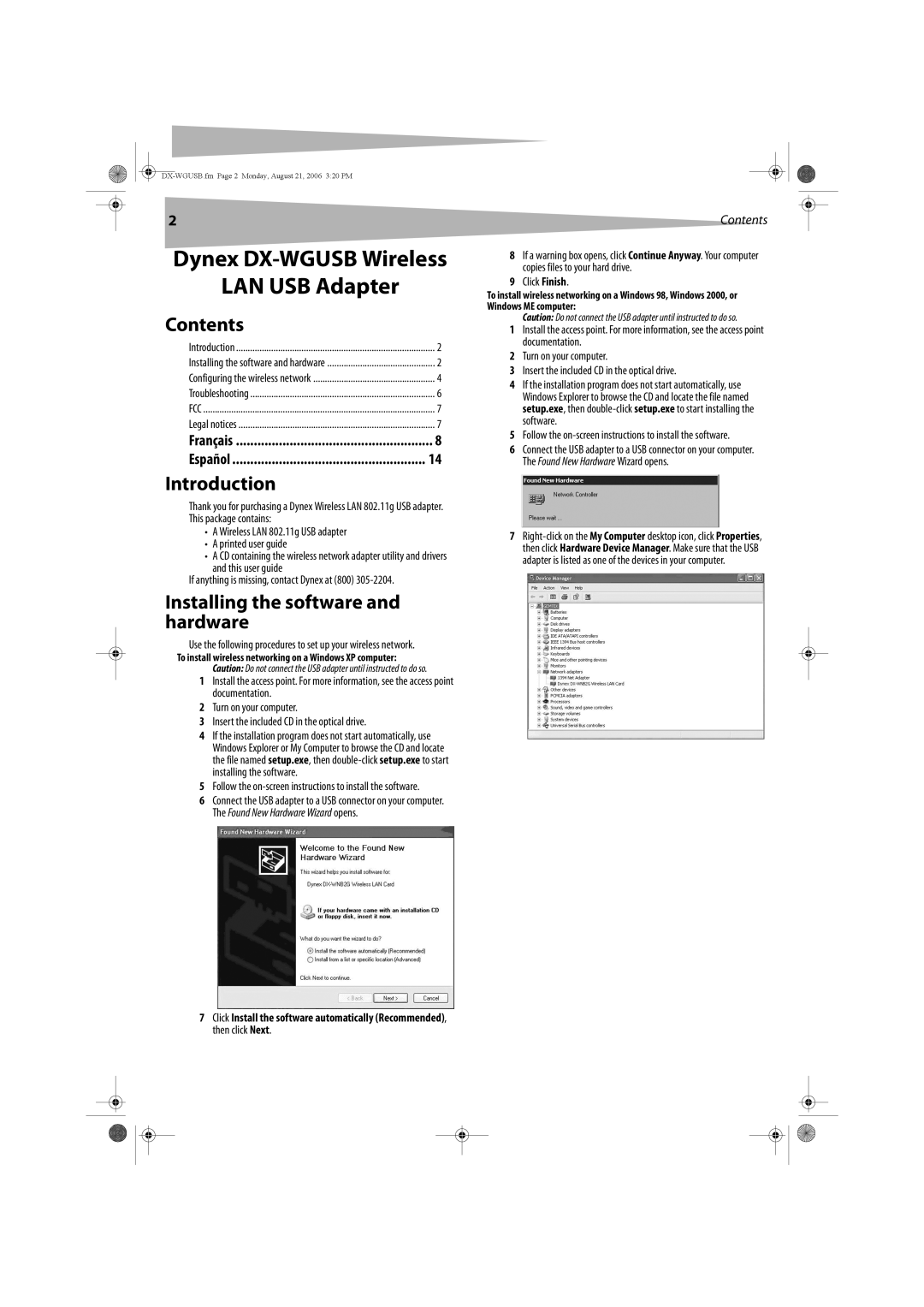 Dynex DX-WGUSB manual Contents, Introduction, Installing the software and hardware 