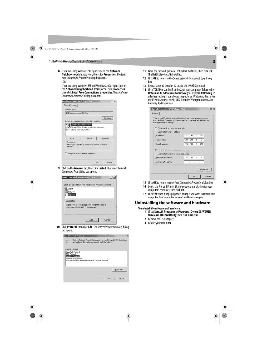 Dynex DX-WGUSB manual Uninstalling the software and hardware, Installing the software and hardware 