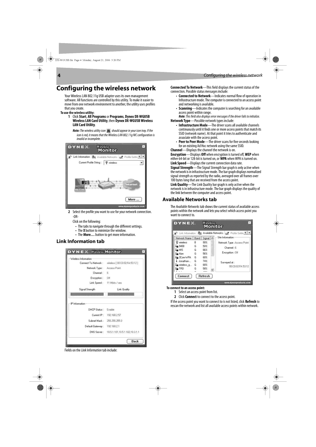 Dynex DX-WGUSB manual Link Information tab, Available Networks tab, Configuring the wireless network 