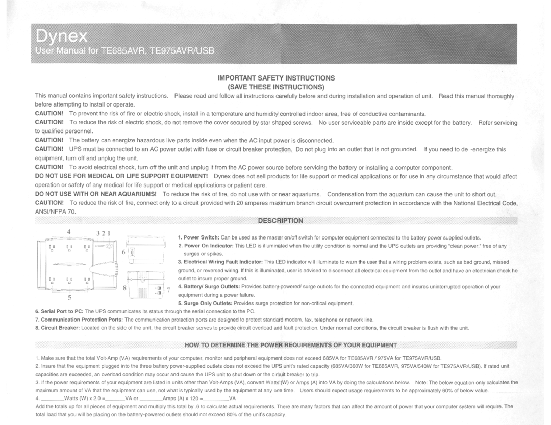 Dynex TE975USB, TE975AVR/USB, TE685AVR manual 