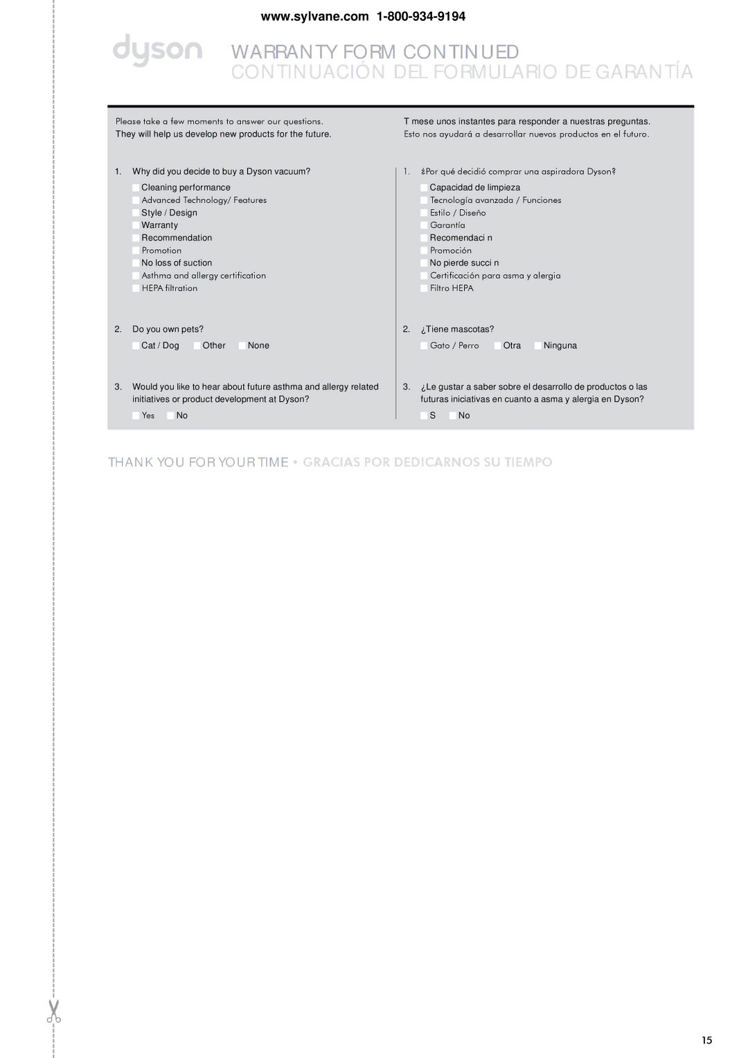 Dyson 1580401 warranty Continuación DEL Formulario DE Garantía 