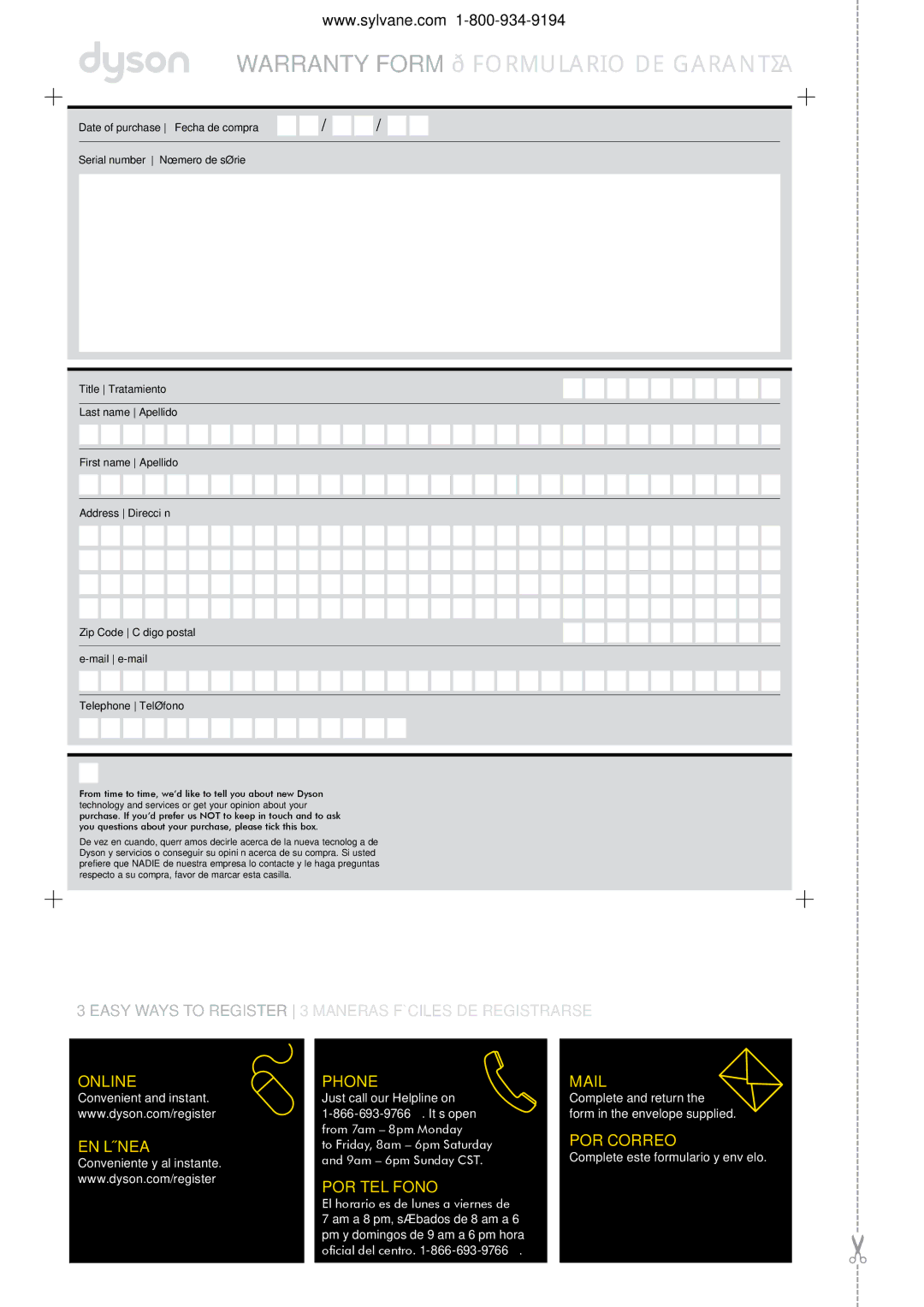 Dyson 1580401 warranty Warranty Form Formulario DE Garantía 