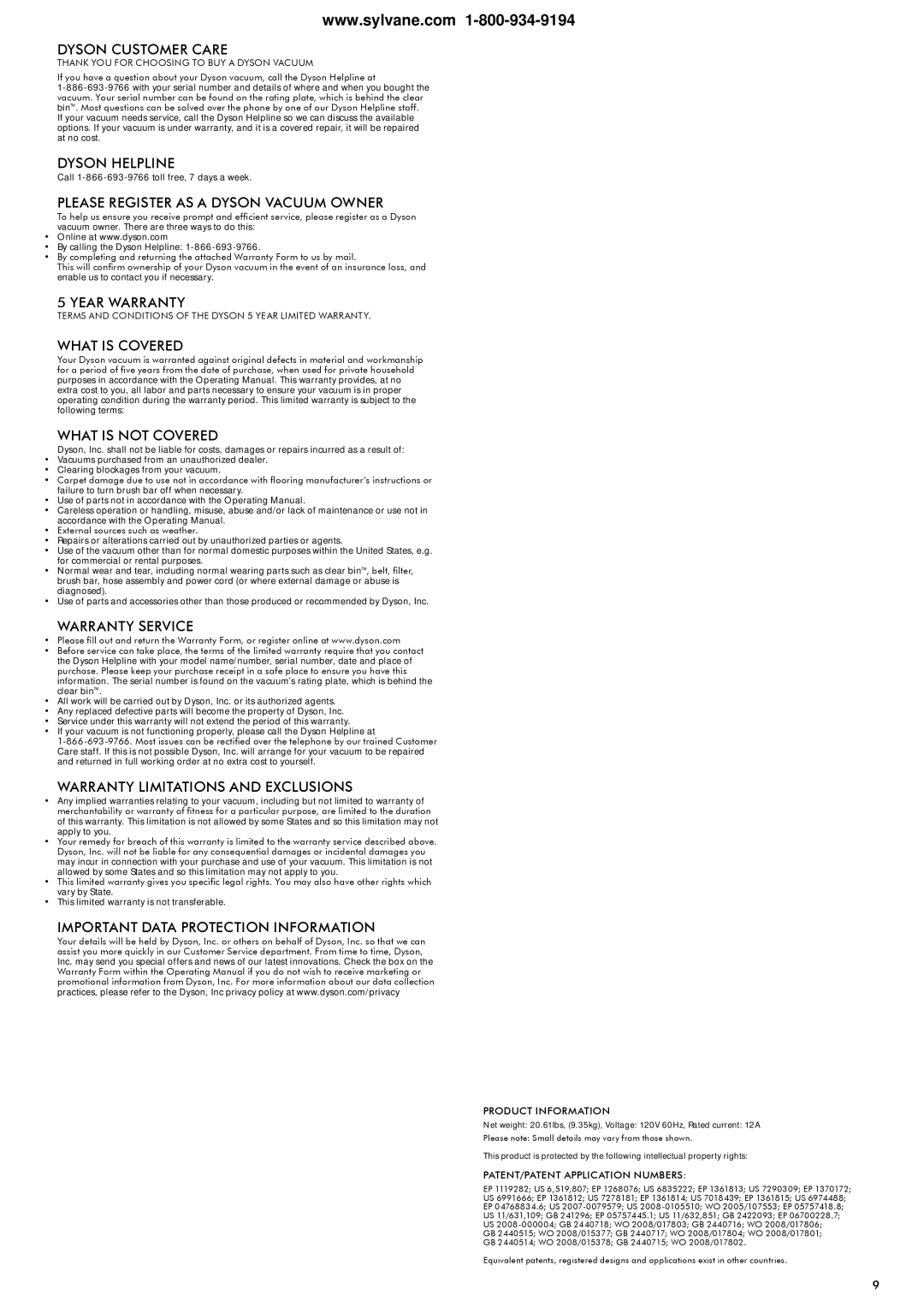 Dyson 1580401 warranty Important Data Protection Information, Product information, Patent/Patent Application numbers 