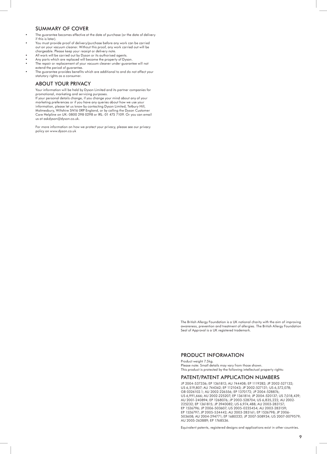 Dyson 1741801 manual Summary of Cover, About Your Privacy, Product Information, PATENT/PATENT Application Numbers 