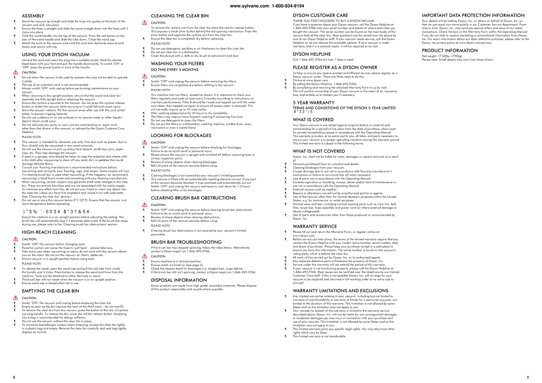 Dyson 1962501 warranty Assembly, Using Your Dyson Vacuum, Hard FLOORS/CARPETS, HIGH-REACH Cleaning, Emptying the Clear BIN 