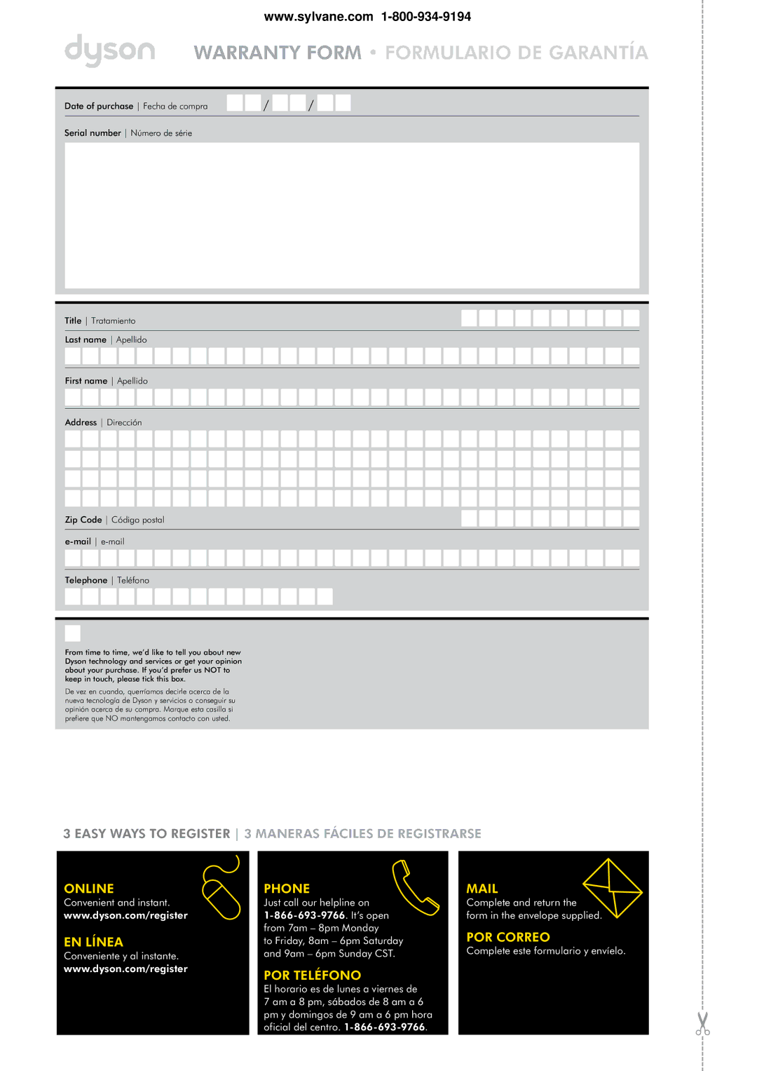 Dyson 1962501 warranty Warranty Form Formulario DE Garantía 