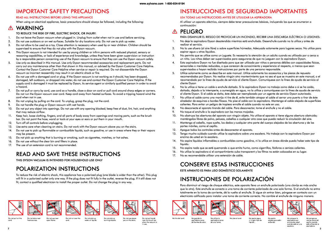 Dyson 1962501 warranty Important Safety Precautions, Read And Save These Instructions, Polarization Instructions, Peligro 