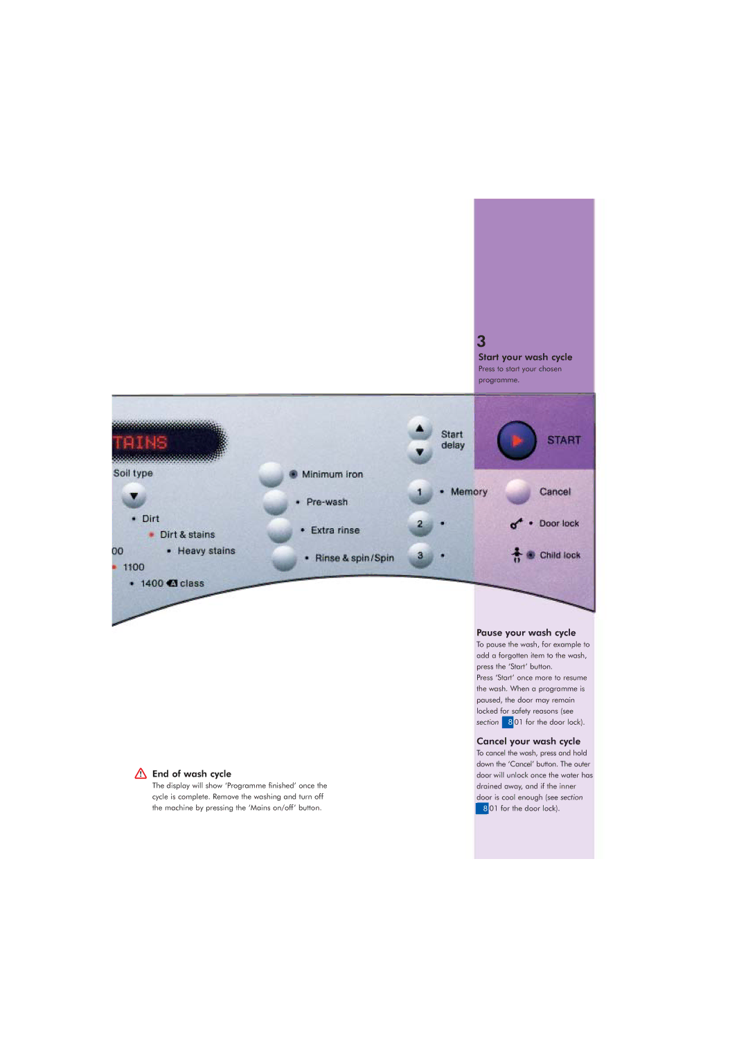 Dyson CRO2 manual End of wash cycle, Start your wash cycle, Pause your wash cycle, Cancel your wash cycle 