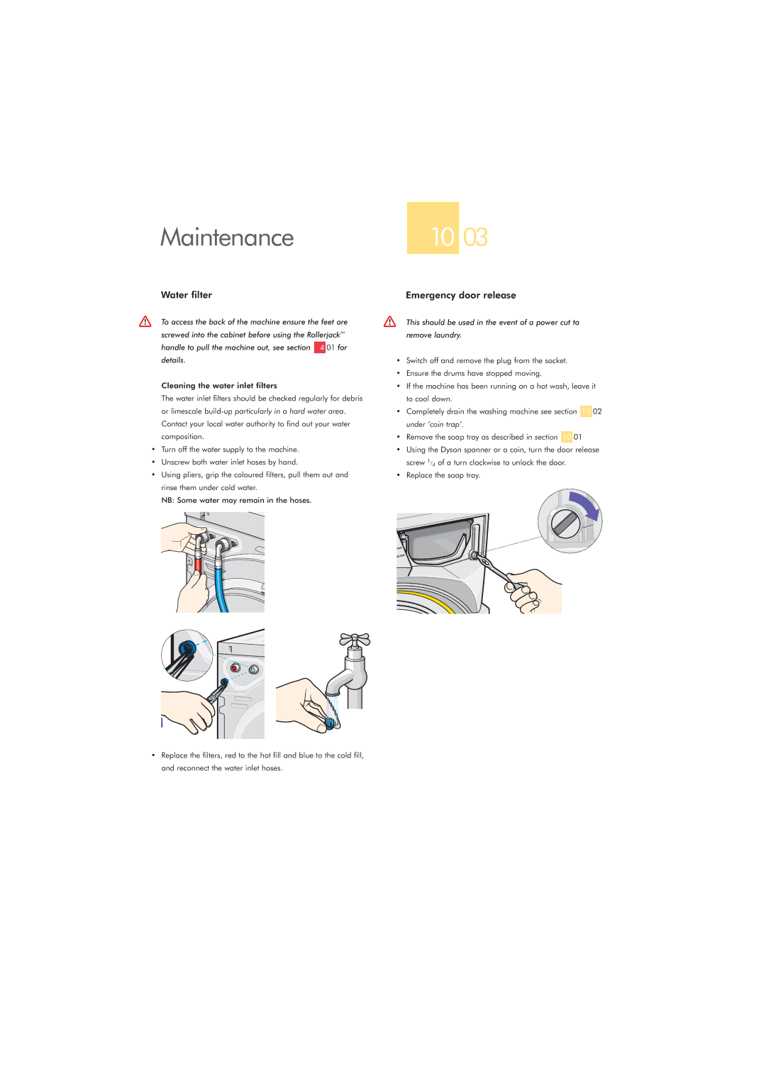 Dyson CRO2 manual Water filter, Emergency door release 