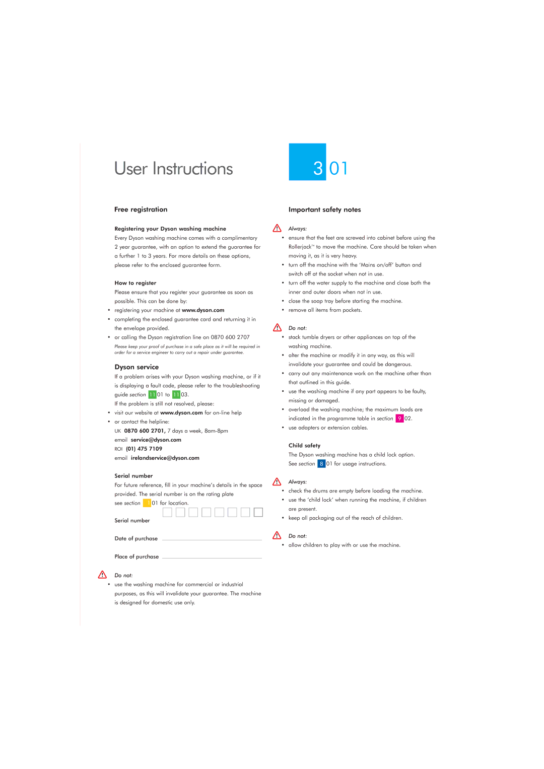 Dyson CRO2 manual User Instructions, Free registration Important safety notes, Dyson service, Do not, Always 