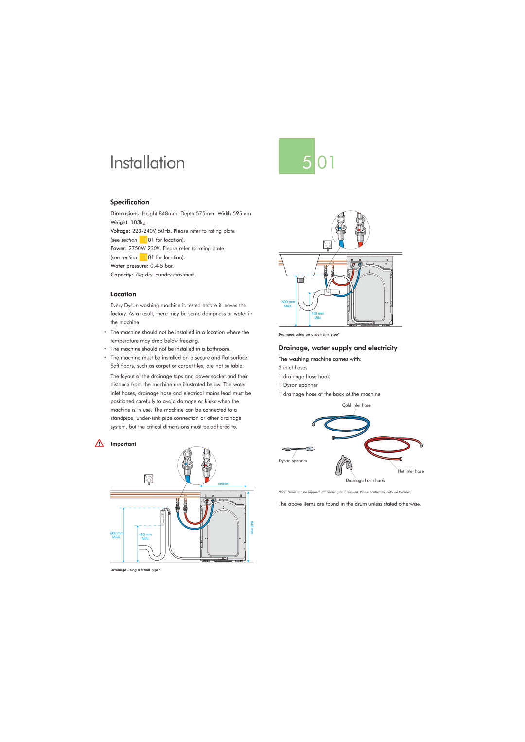 Dyson CRO2 manual Installation, Specification, Location, Drainage, water supply and electricity 