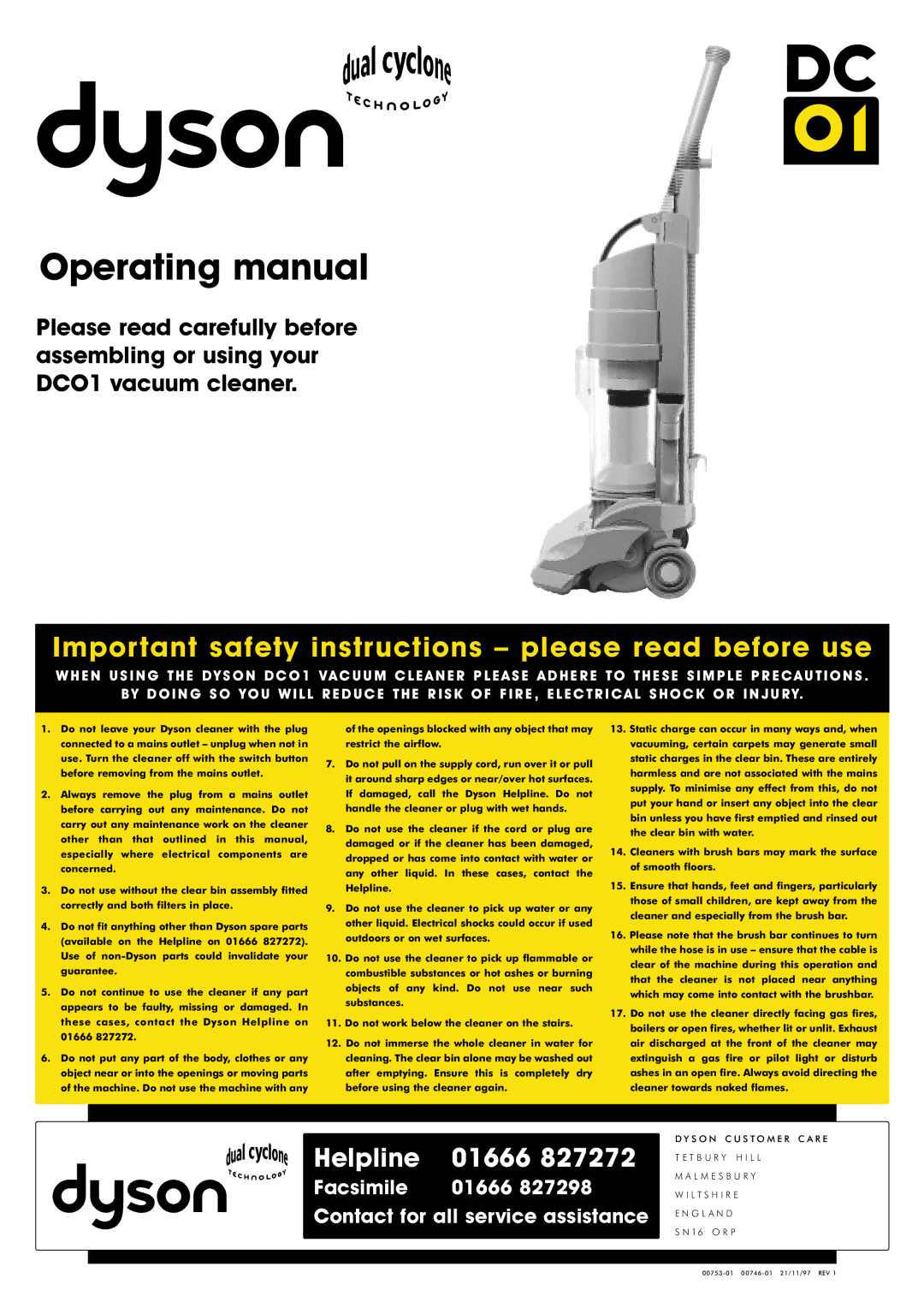 Dyson DC 01 important safety instructions Operating manual 