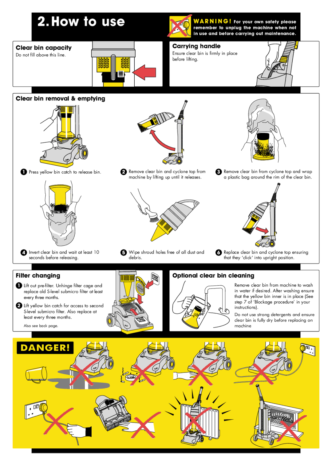 Dyson DC 01 important safety instructions How to use, Clear bin capacity Carrying handle, Clear bin removal & emptying 