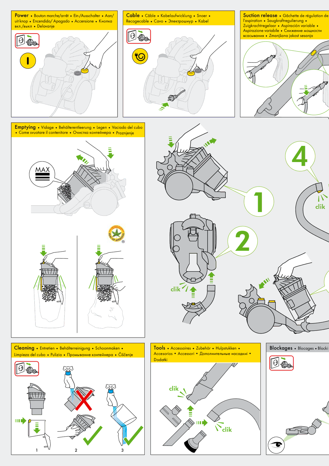 Dyson DC 23 manual Limpieza del cubo Pulizia Промывание контейнера Čiščenje, Blockages Blocages Blocki 