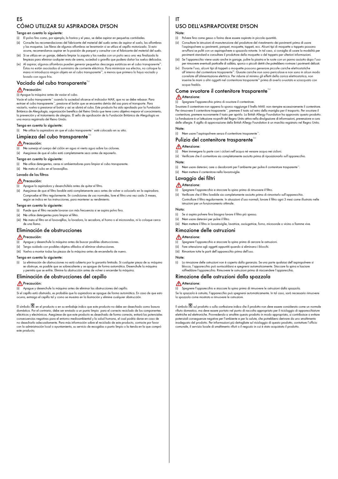 Dyson DC 23 manual Cómo Utilizar SU Aspiradora Dyson, USO DELL’ASPIRAPOLVERE Dyson 