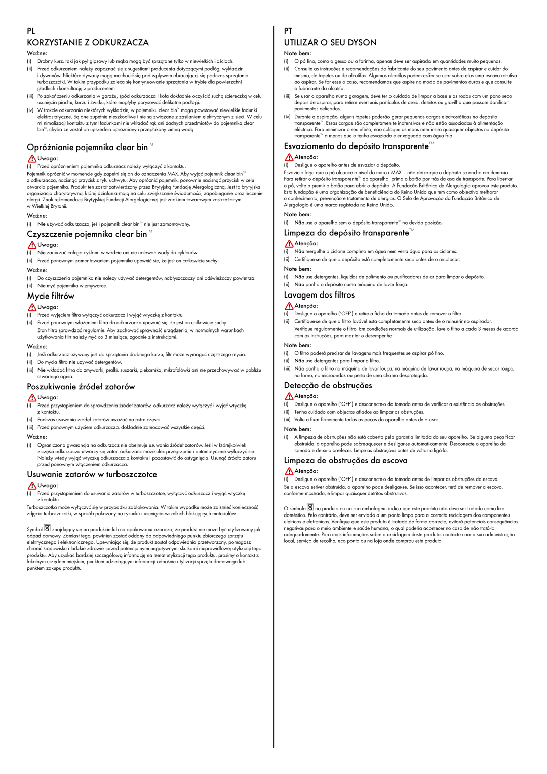 Dyson DC 23 manual Korzystanie Z Odkurzacza, Utilizar O SEU Dyson 