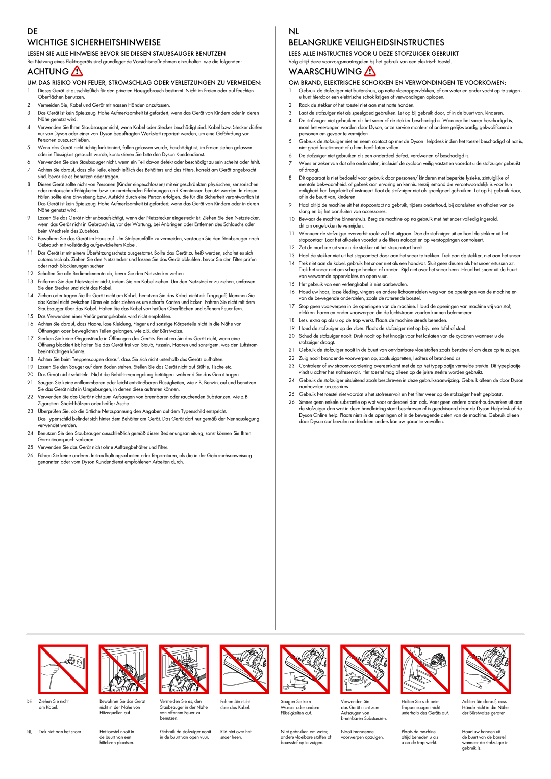 Dyson DC 23 manual Wichtige Sicherheitshinweise, Achtung, Belangrijke Veiligheidsinstructies, Waarschuwing 